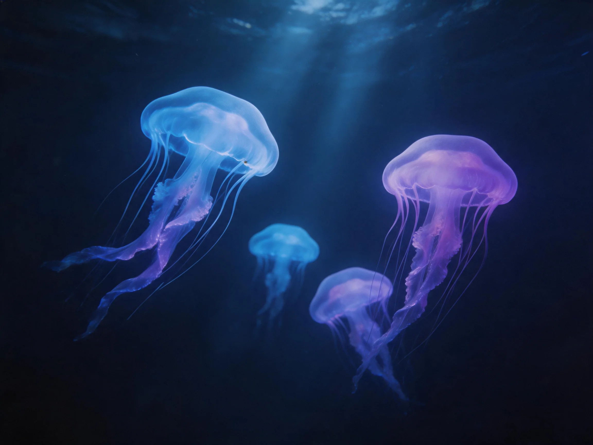 Four glowing jellyfish, blue and purple, drift in dark underwater setting