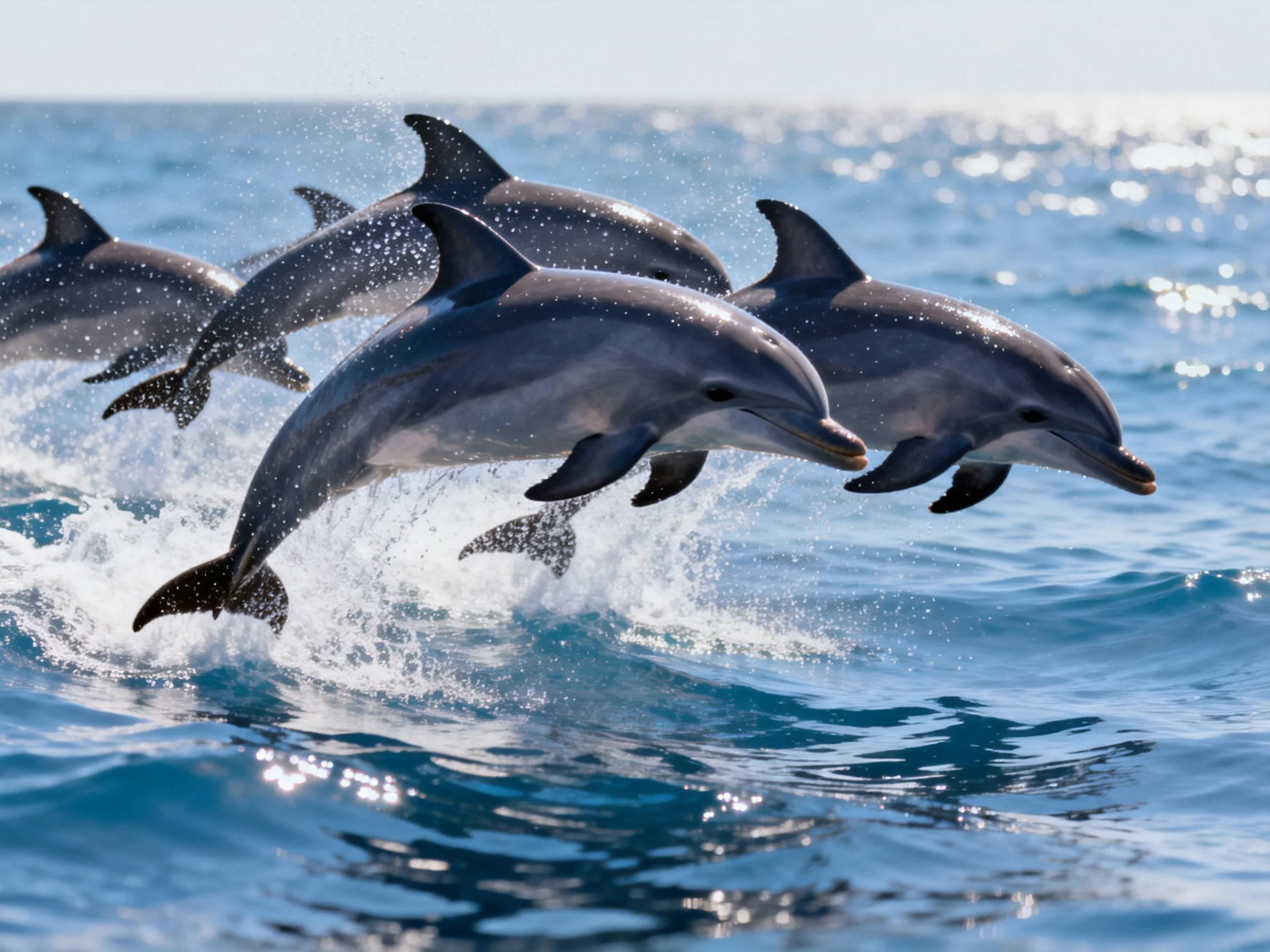 Four gray dolphins leap from shimmering blue ocean waves