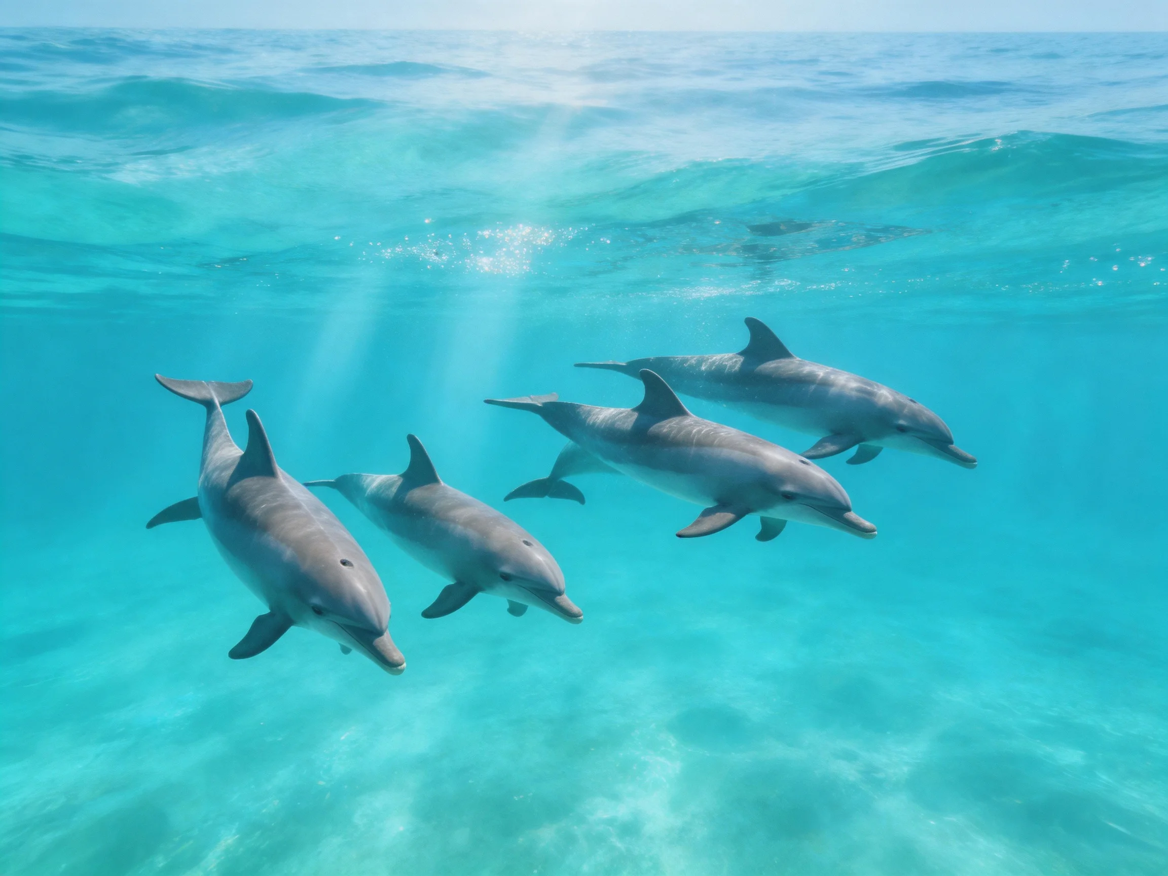 Four gray dolphins swim in clear turquoise ocean waters