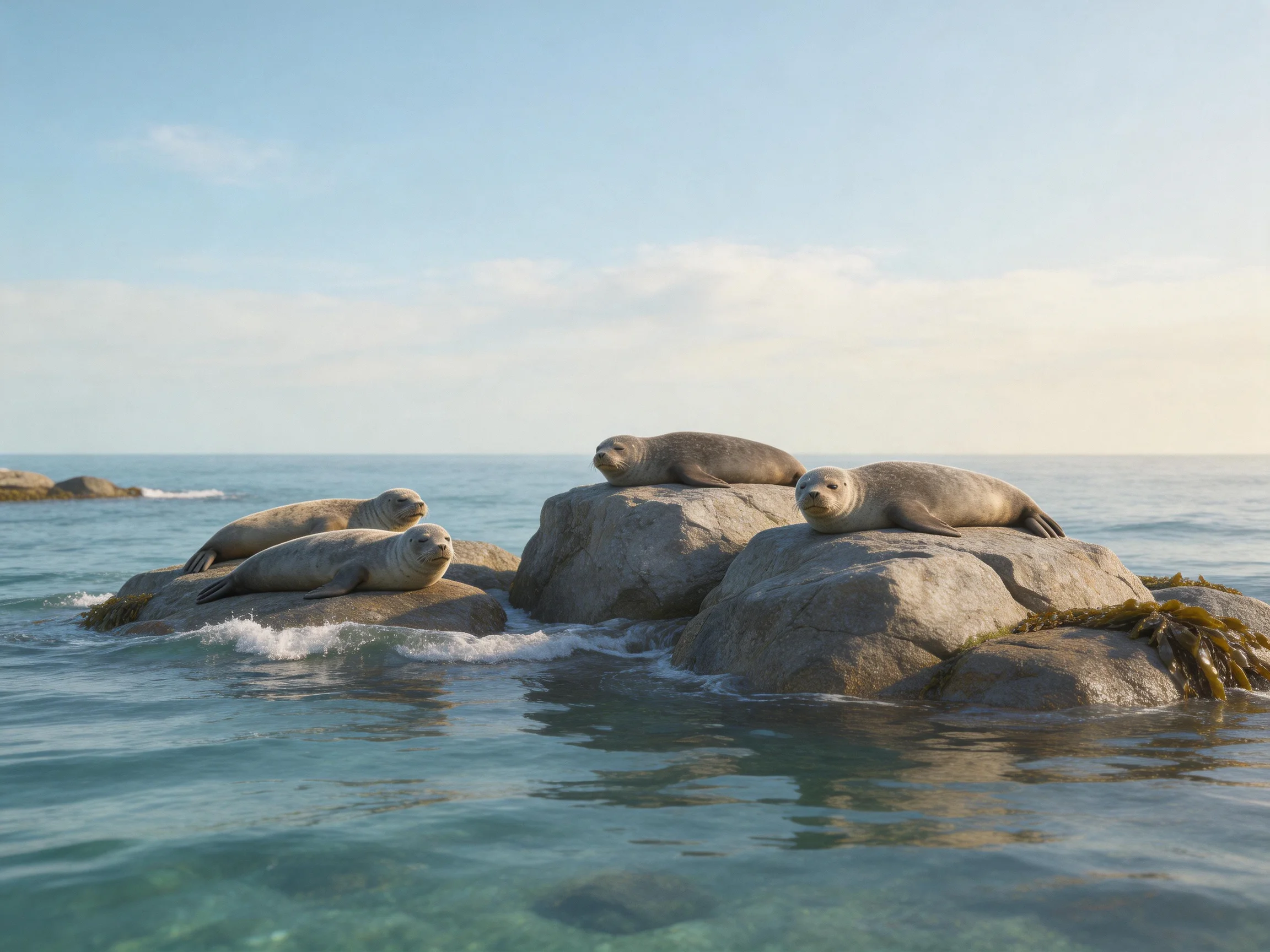 Four gray seals rest on large coastal rocks by calm blue waters