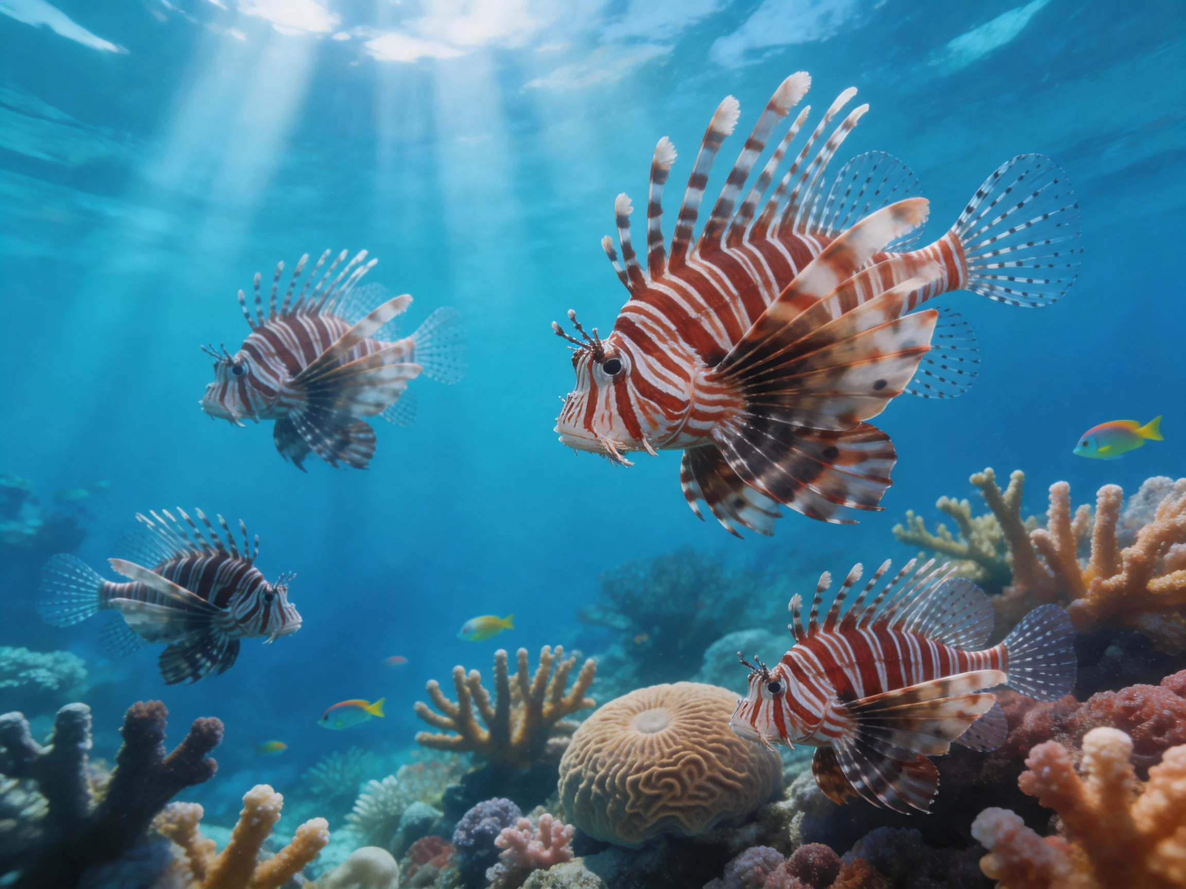 Four lionfish swim among colorful corals in a sunlit ocean