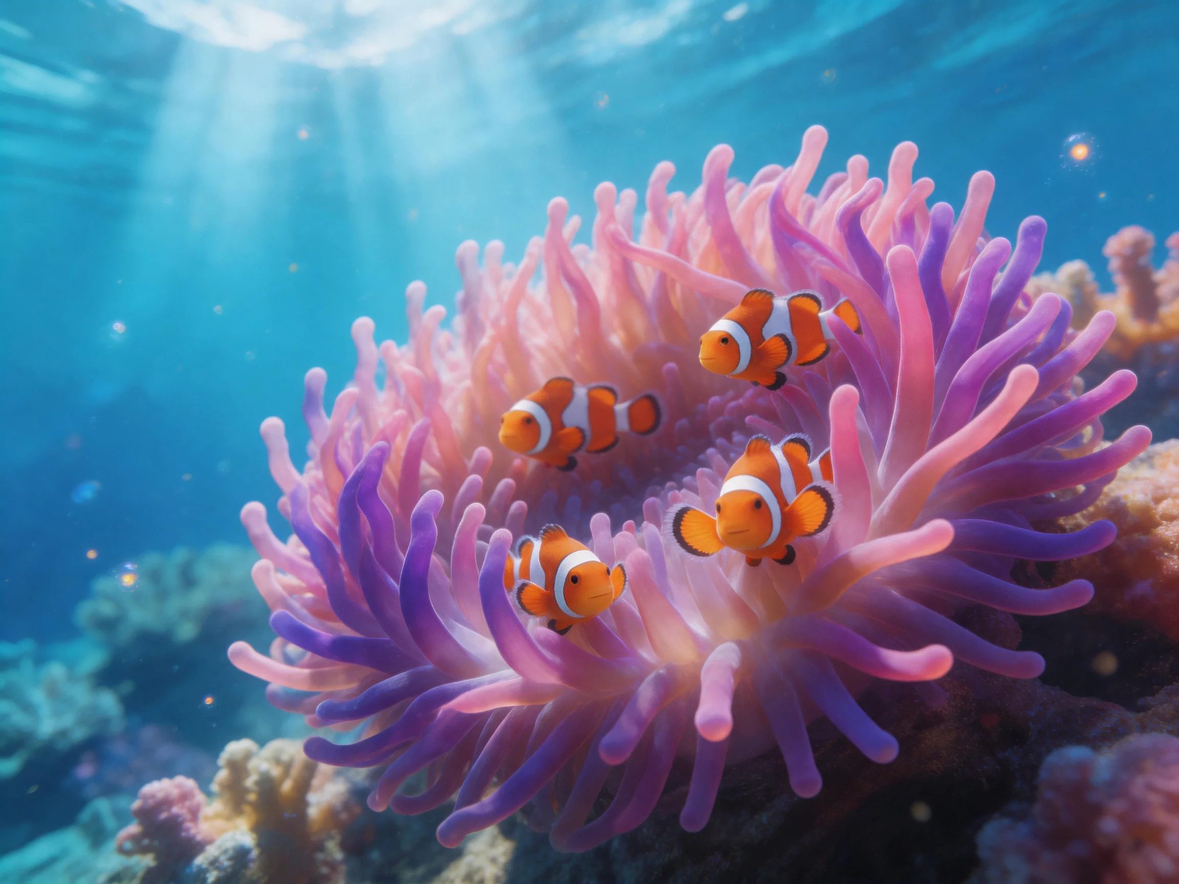 Four orange clownfish nestled in vibrant pink-purple sea anemones