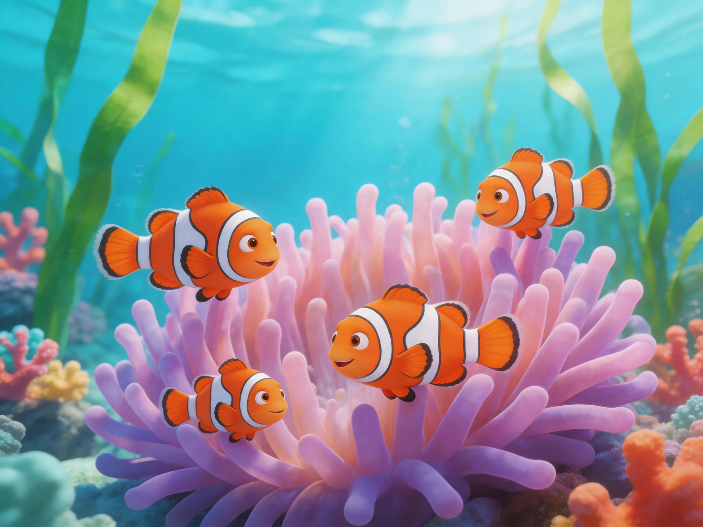 Four orange clownfish swim near a large purple sea anemone amid colorful coral reefs.