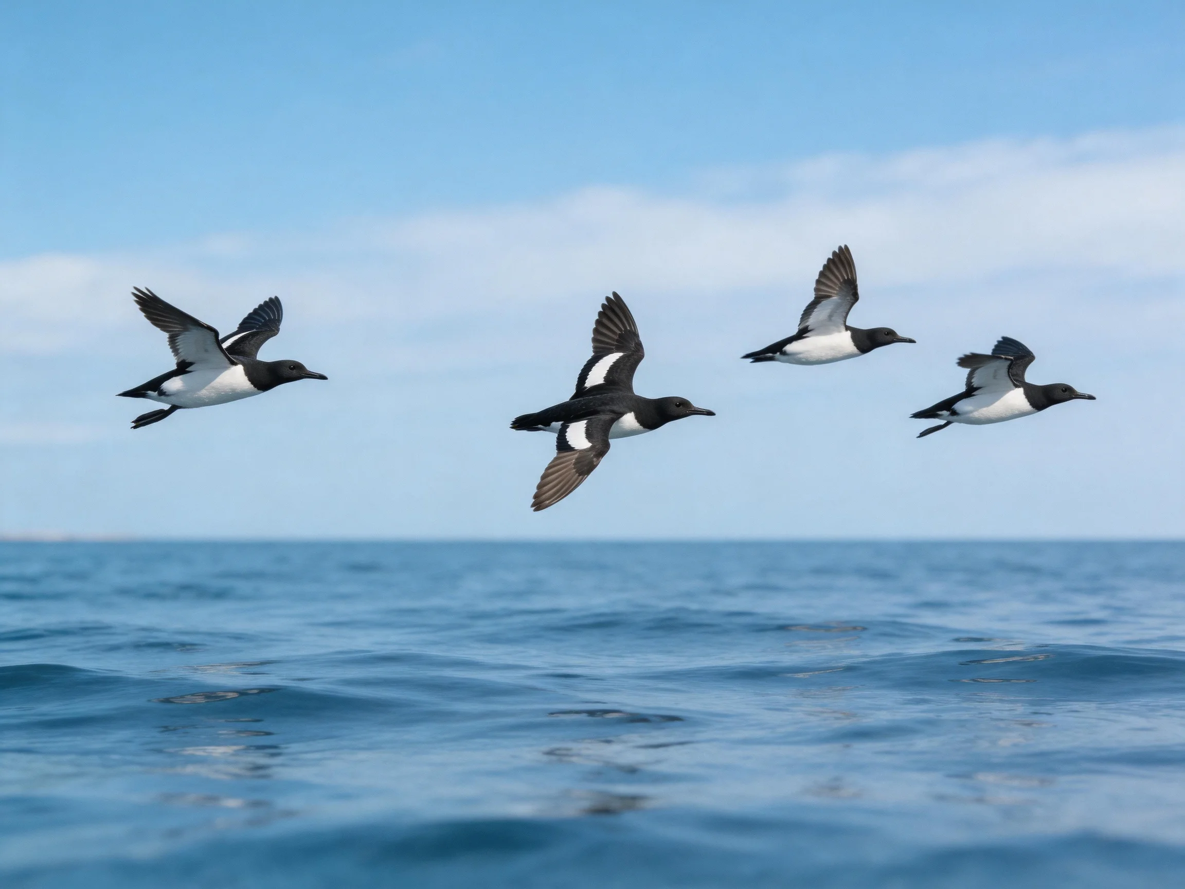 Four seabirds soar over calm blue waters with black and white plumage