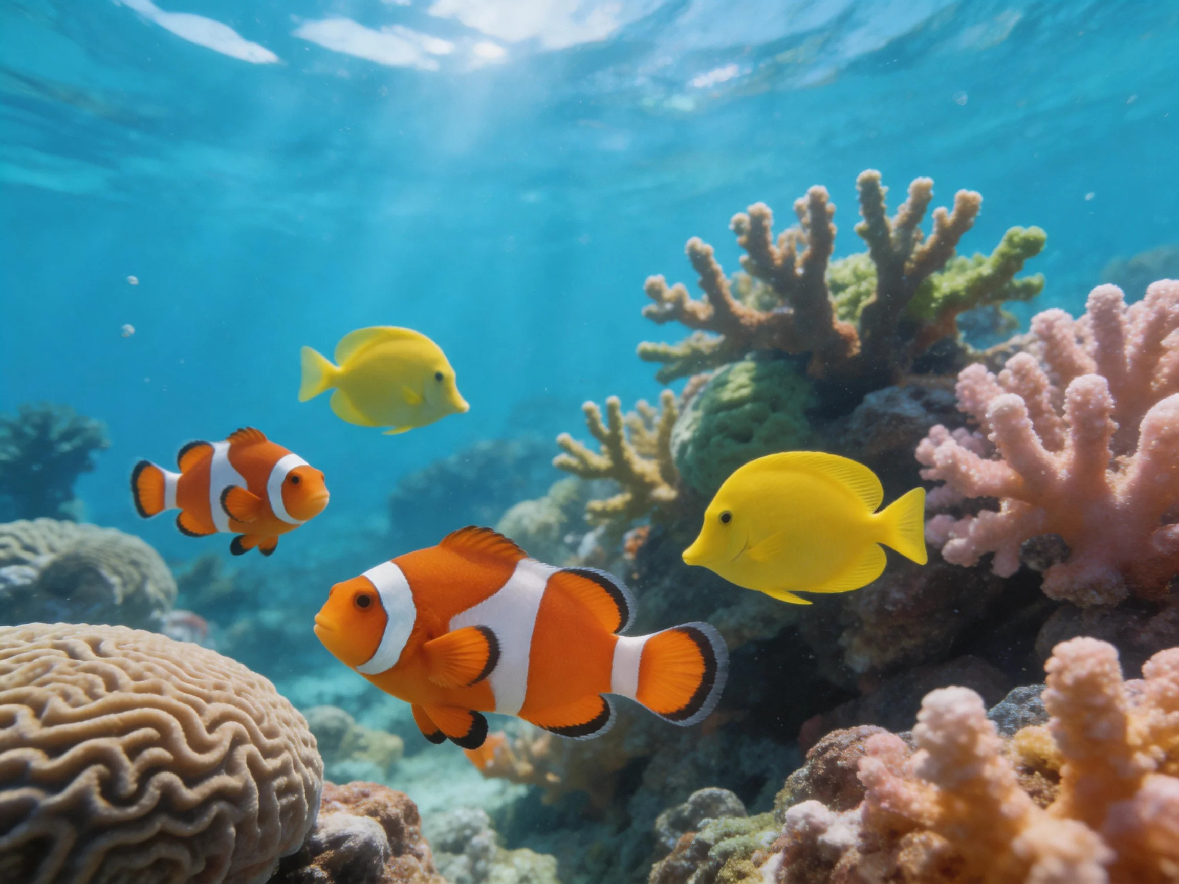 Four tropical fish—including two clownfish and two yellow fish—swim near colorful corals