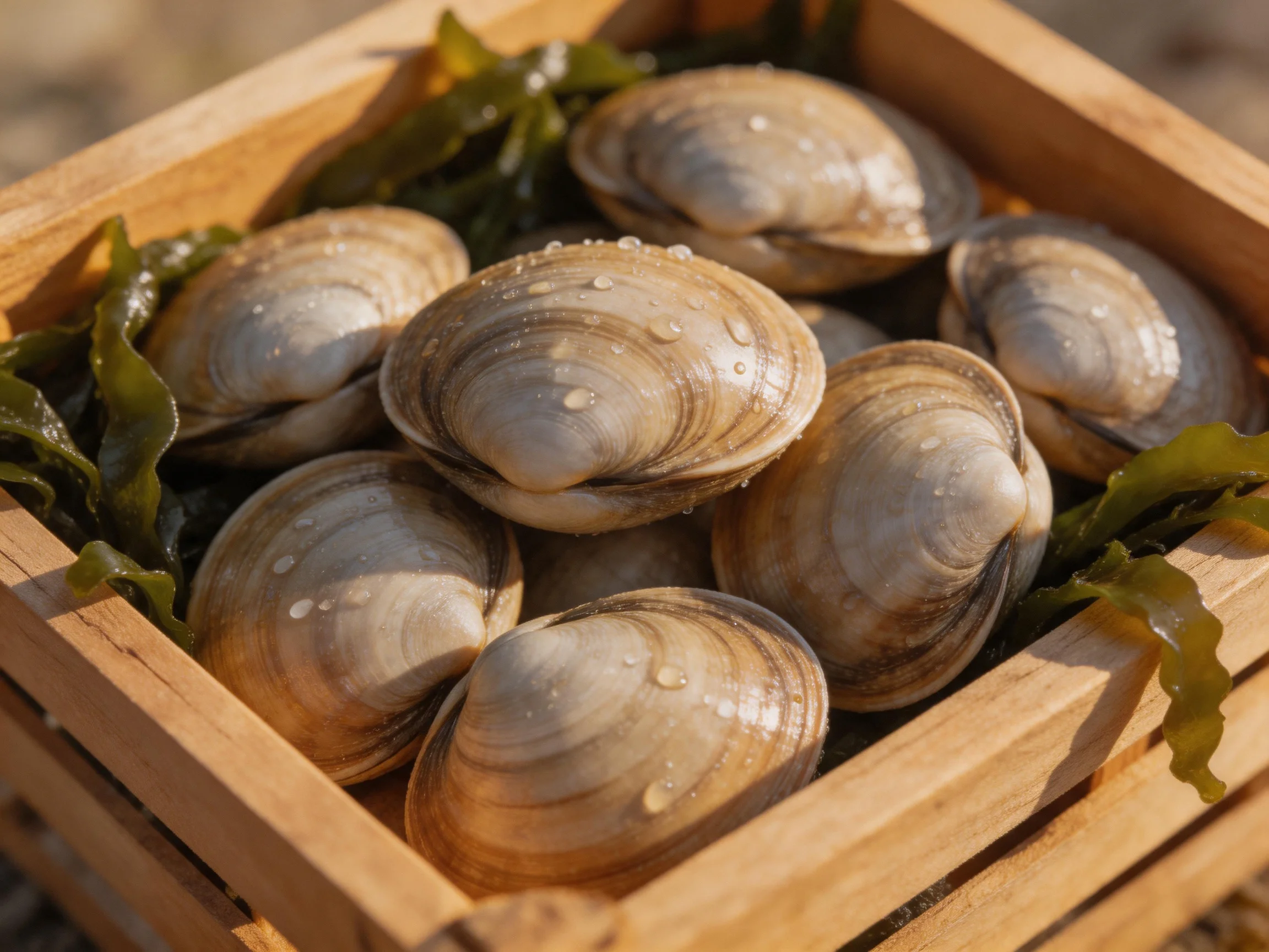 Fresh clams arranged in a wooden crate with seaweed accents