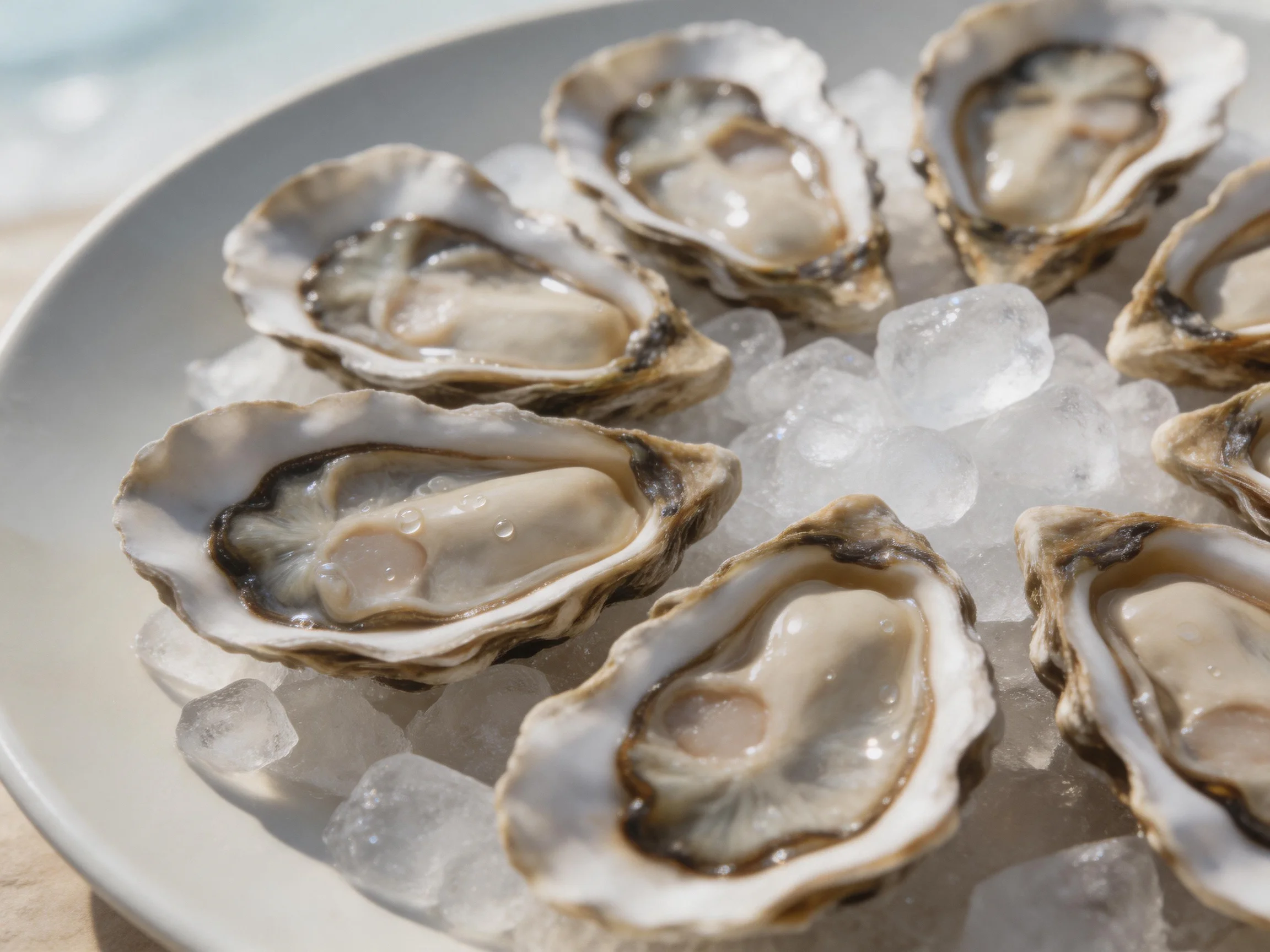 Fresh oysters displayed on crushed ice in a white dish