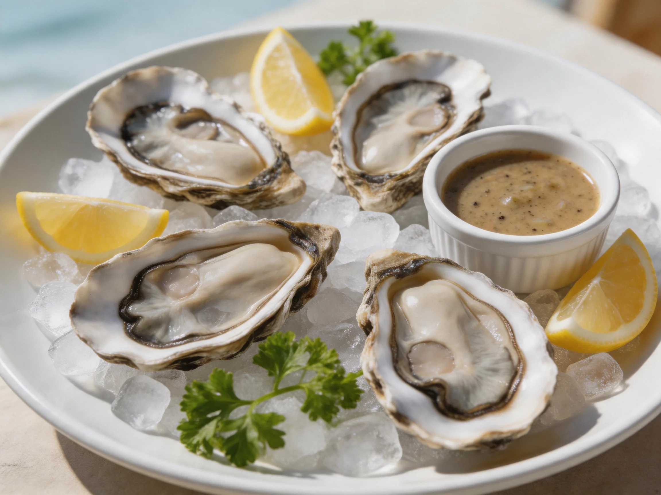 Fresh oysters on ice with lemon wedges and sauce