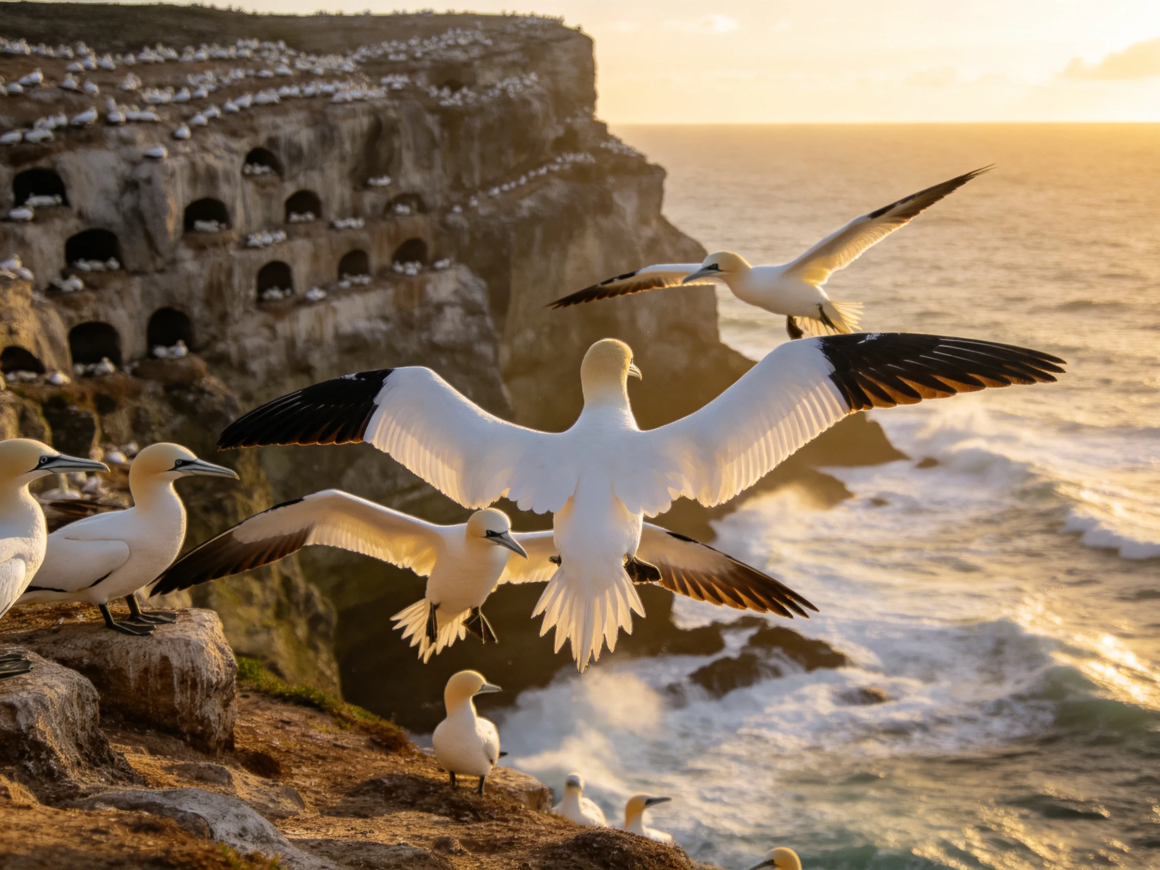 Gannets gather on rocky cliffs near crashing waves at golden hour