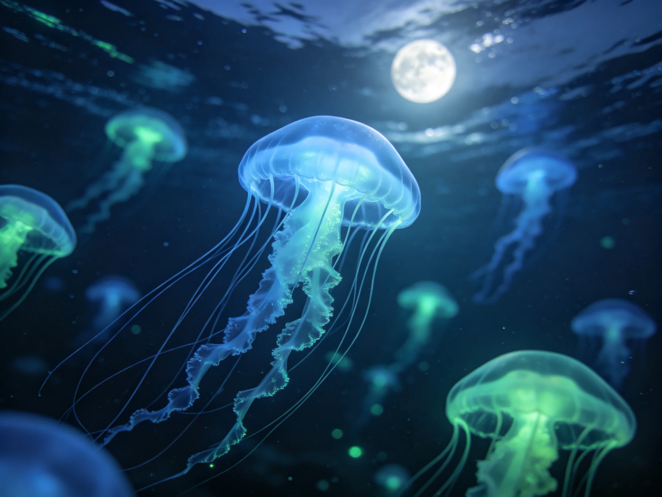 Glowing blue and green jellyfish float beneath a bright moonlit water surface