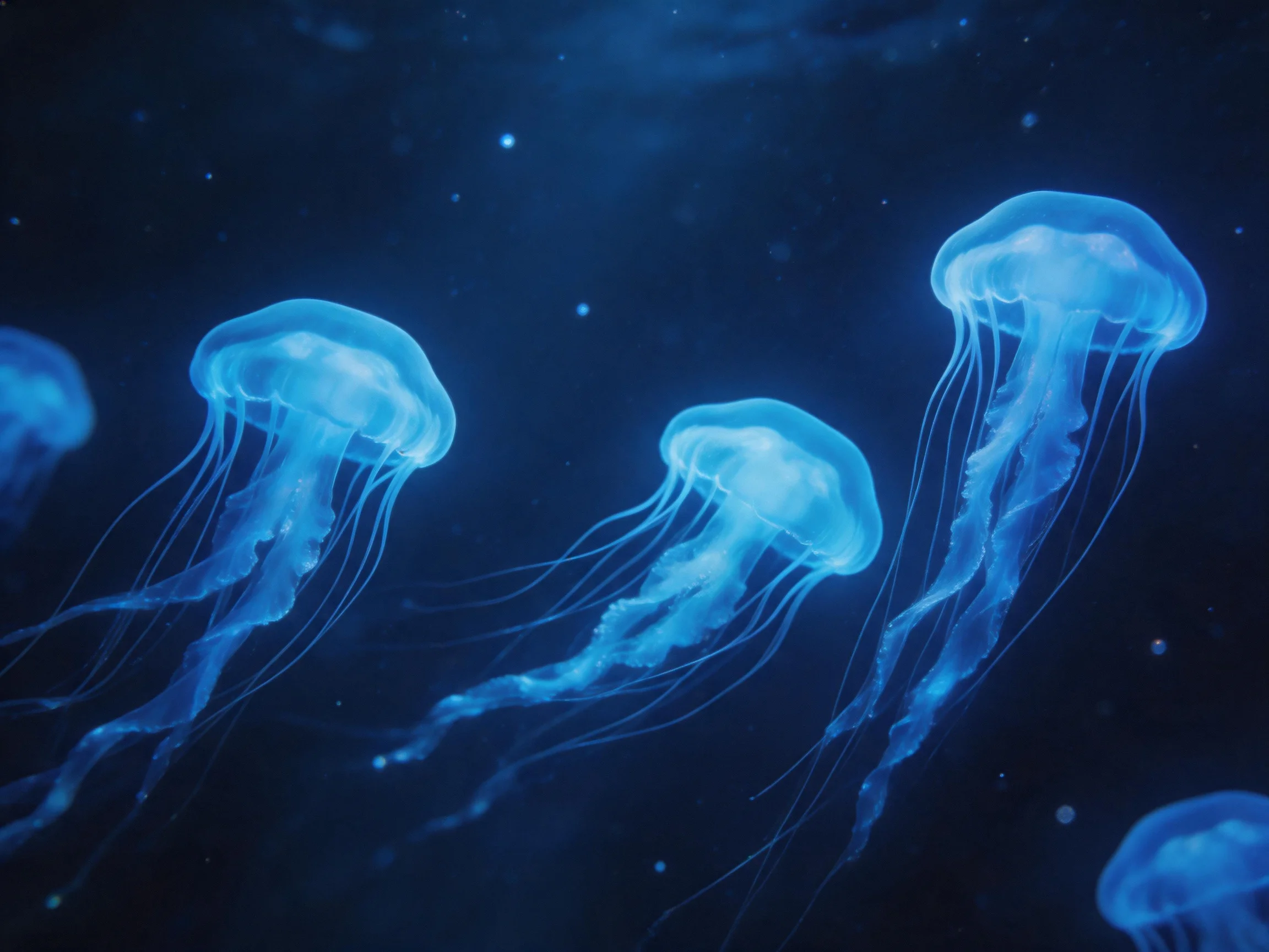 Glowing blue jellyfish swim in a dark underwater realm