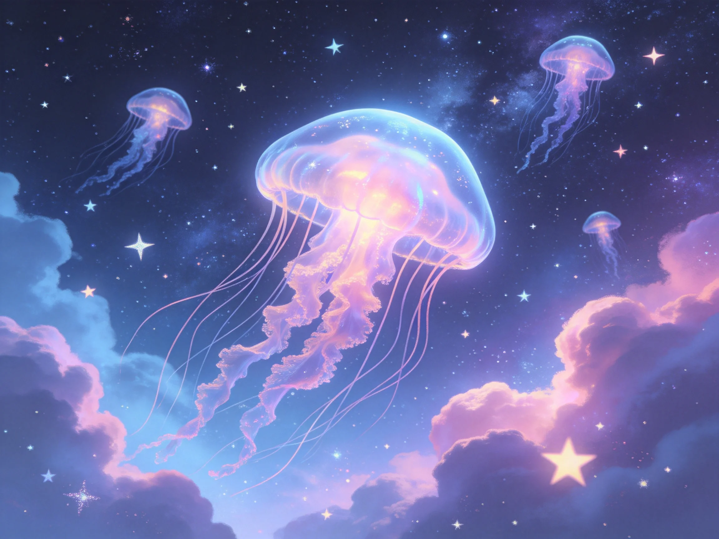 Glowing jellyfish float amid starry night sky and colorful clouds