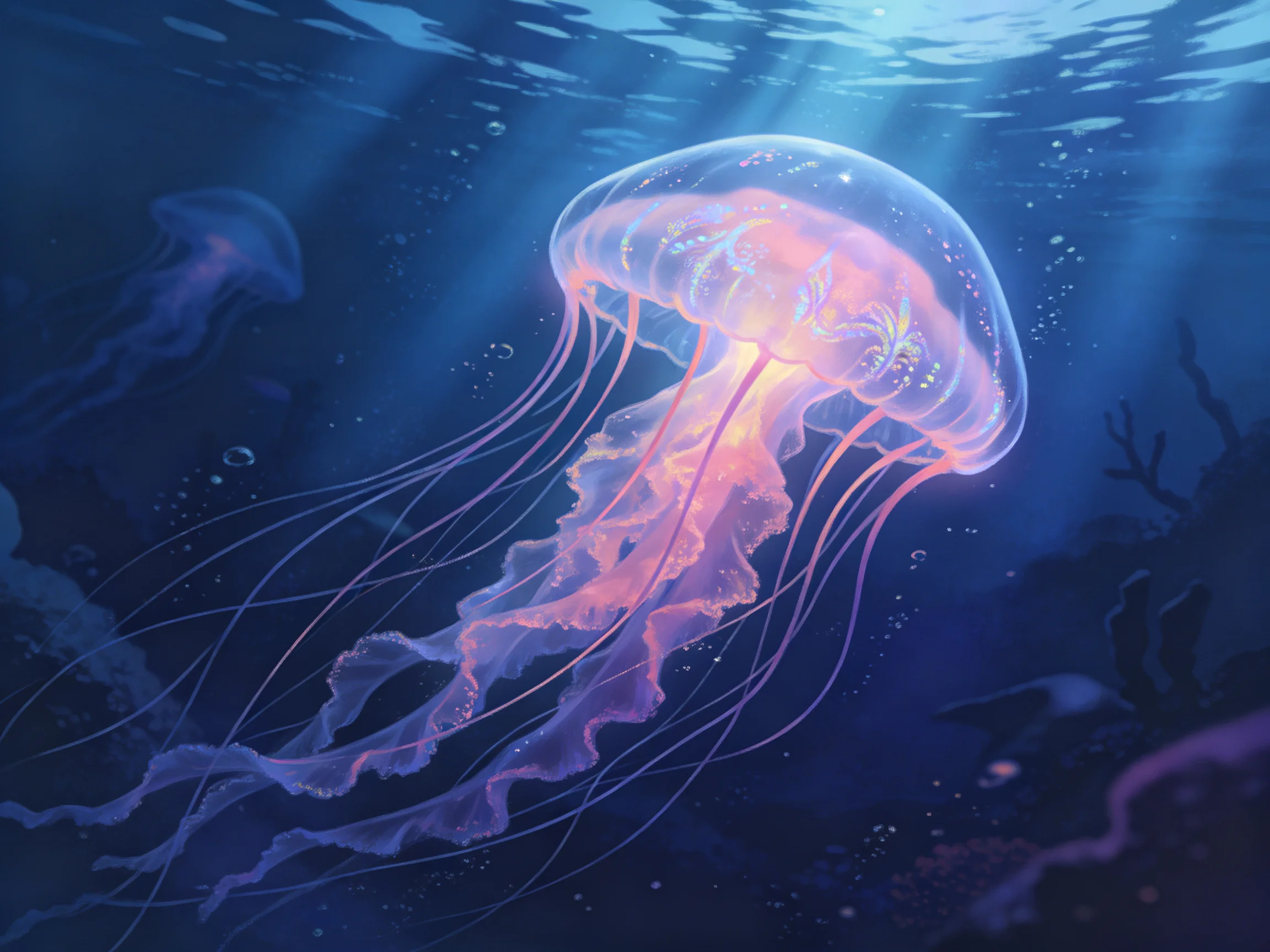Glowing pink jellyfish with long tentacles float in deep blue ocean waters