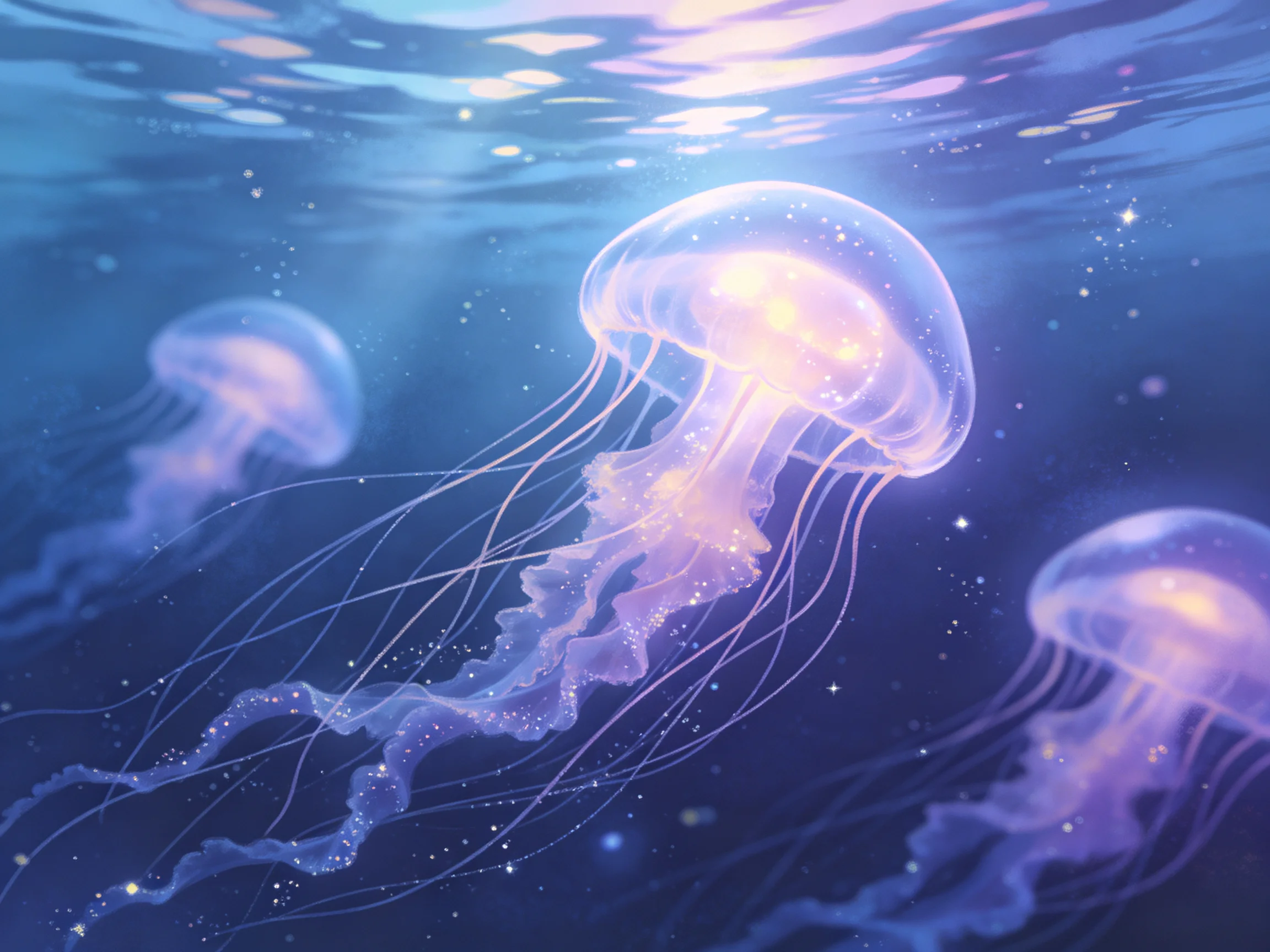 Glowing purple jellyfish swim in a serene, star-speckled ocean scene