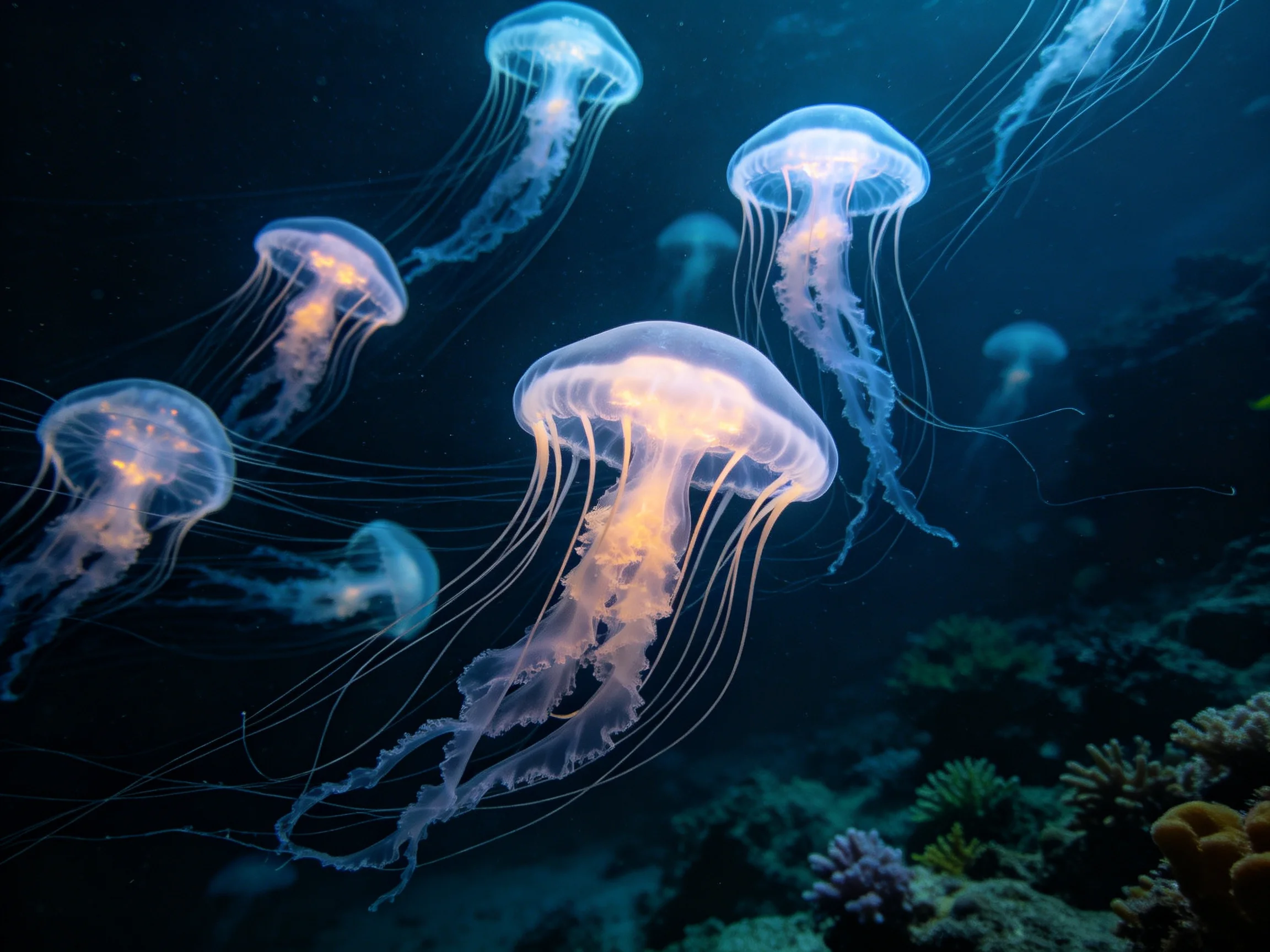 Glowing translucent jellyfish swim near dark coral reef