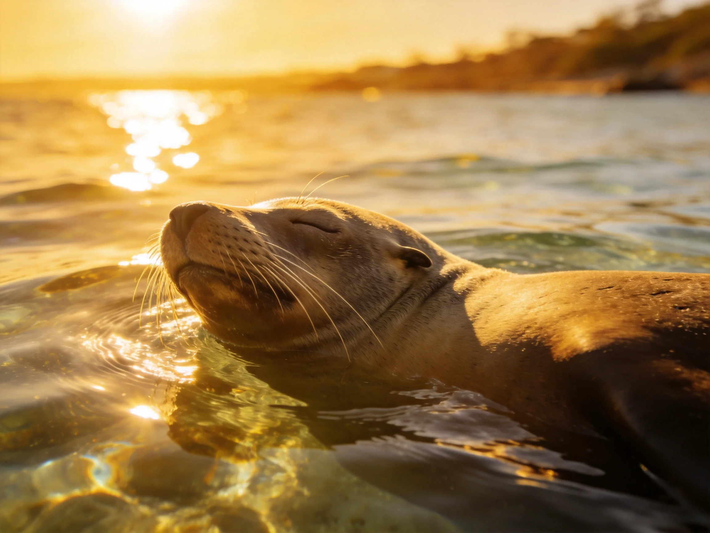 Golden Hour Sea Lion floating in shimmering ocean waters