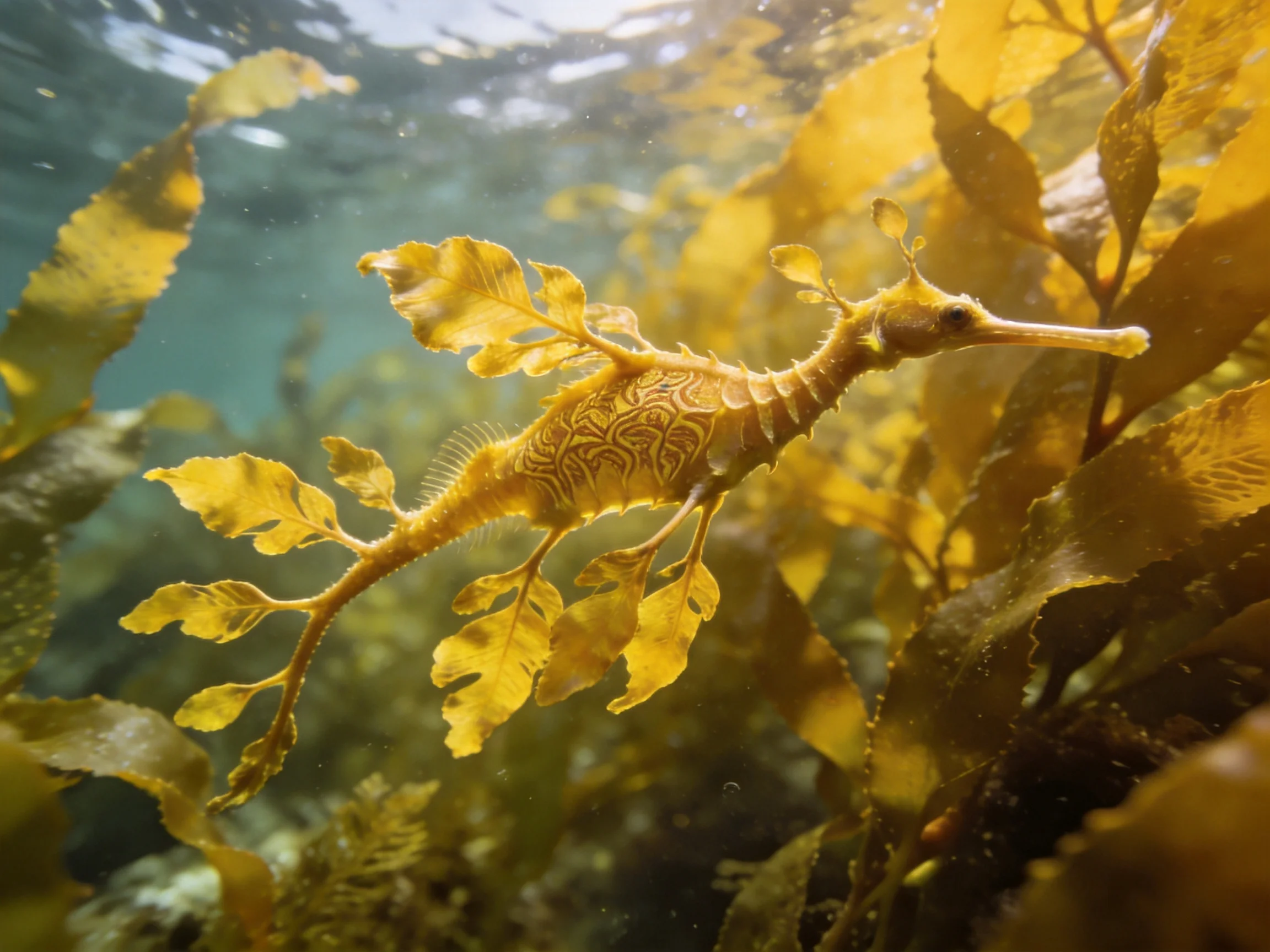 Golden leafy seadragon amid vibrant seaweed