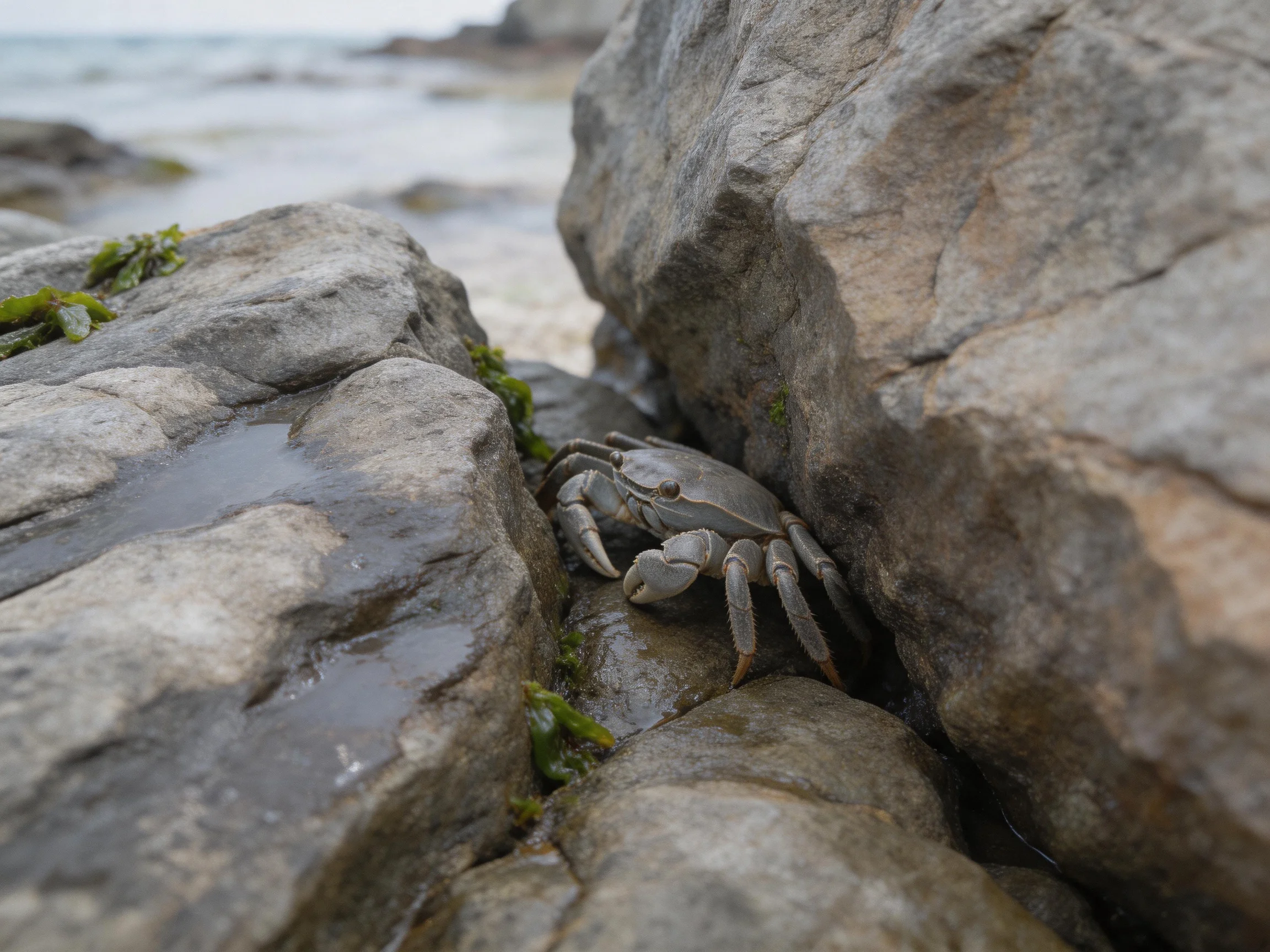 Gray crab nestled between large coastal rocks by the shore
