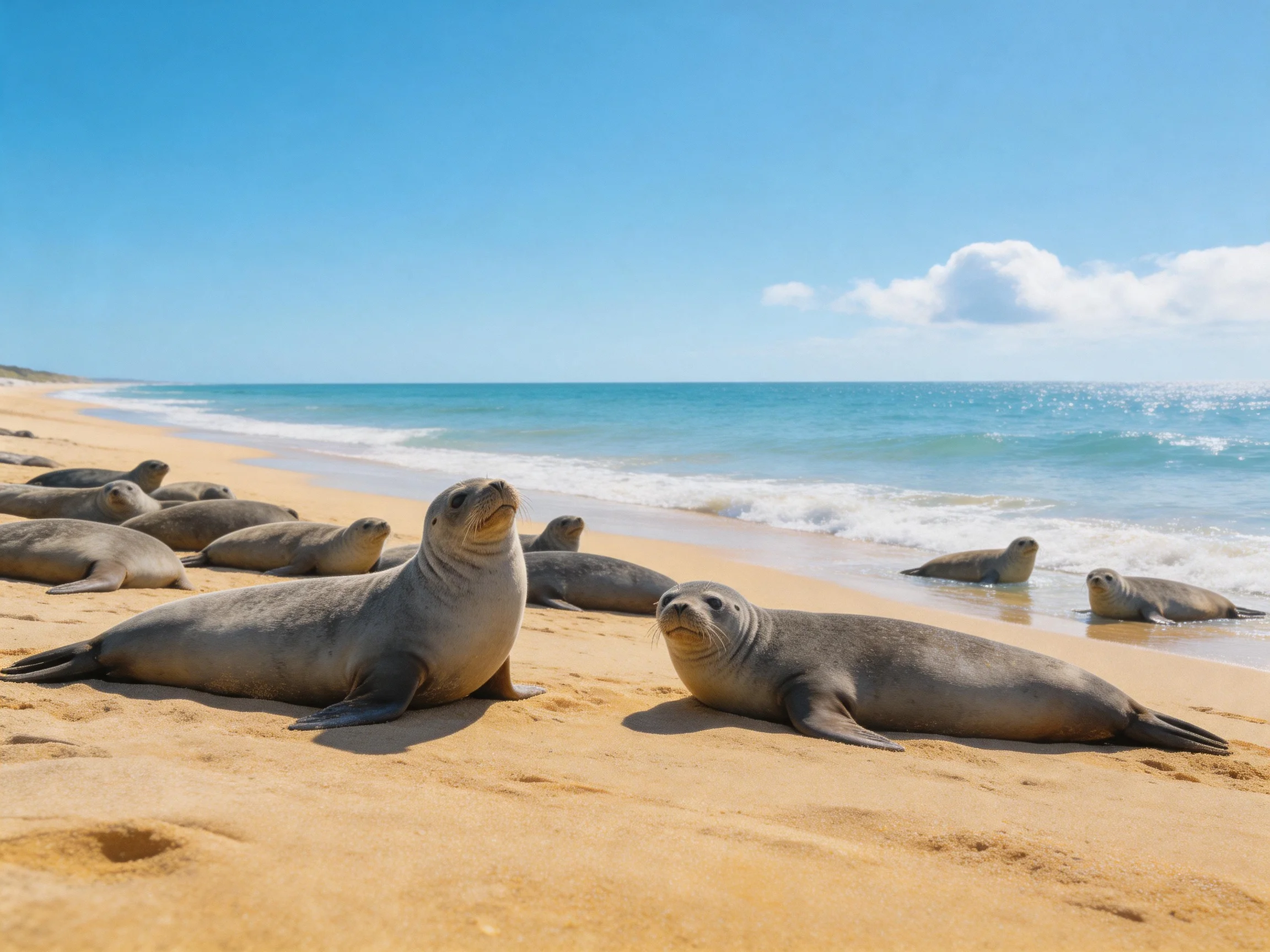 Gray seals rest on sandy beach by turquoise ocean waves