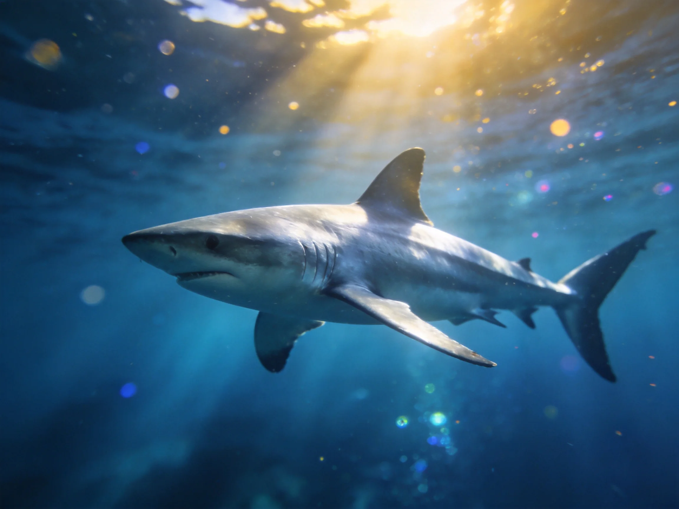 Great white shark swimming in deep blue ocean with golden sunlight rays