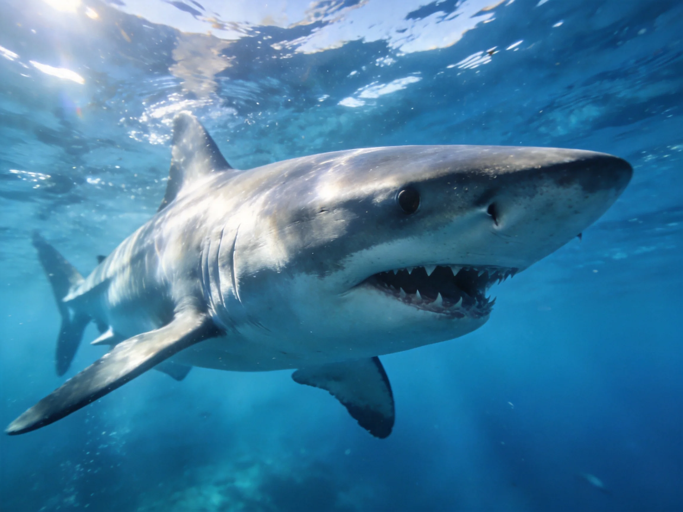 Great white shark swimming near ocean surface