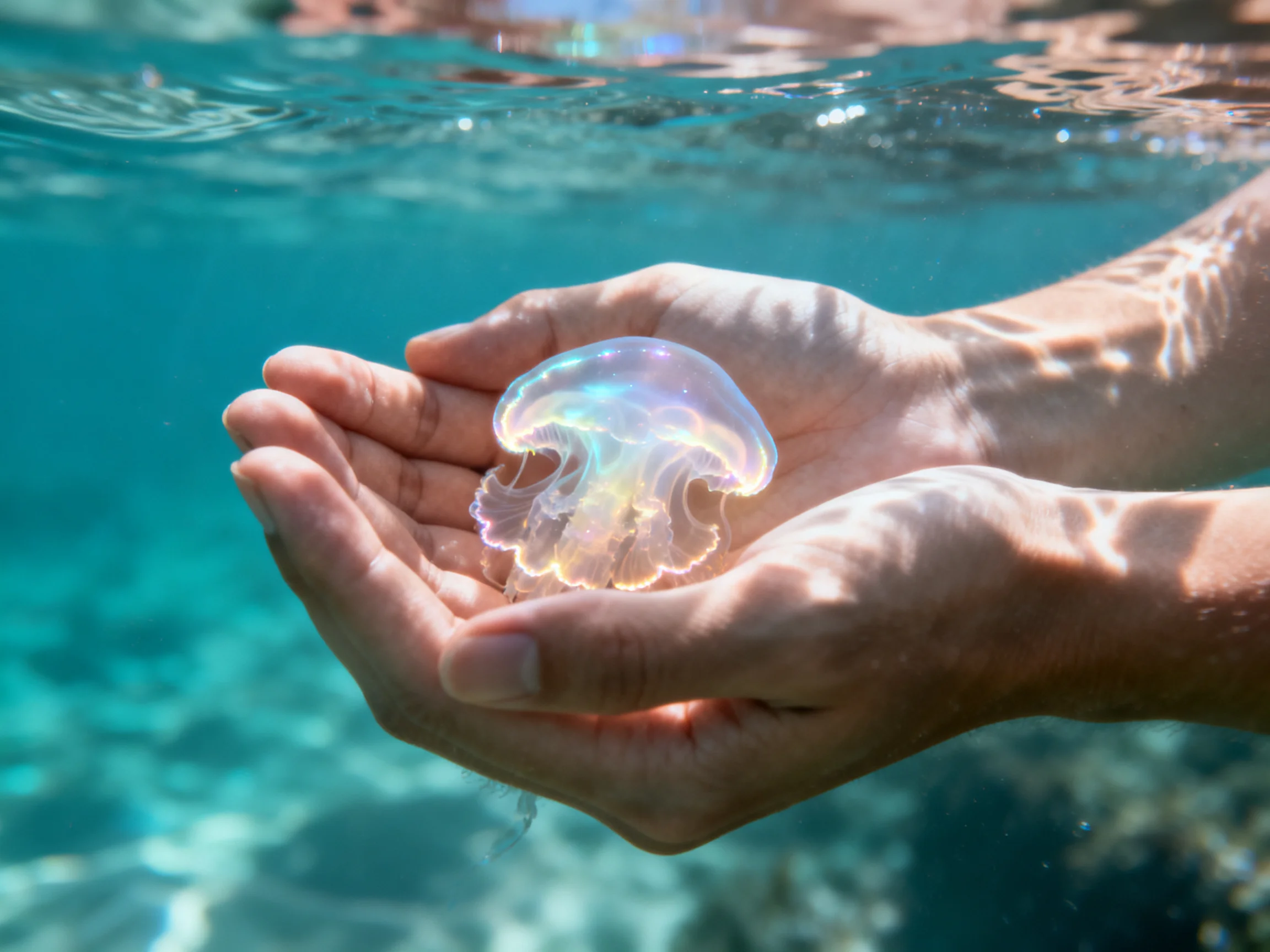 Hands cradling an iridescent jellyfish in clear turquoise water