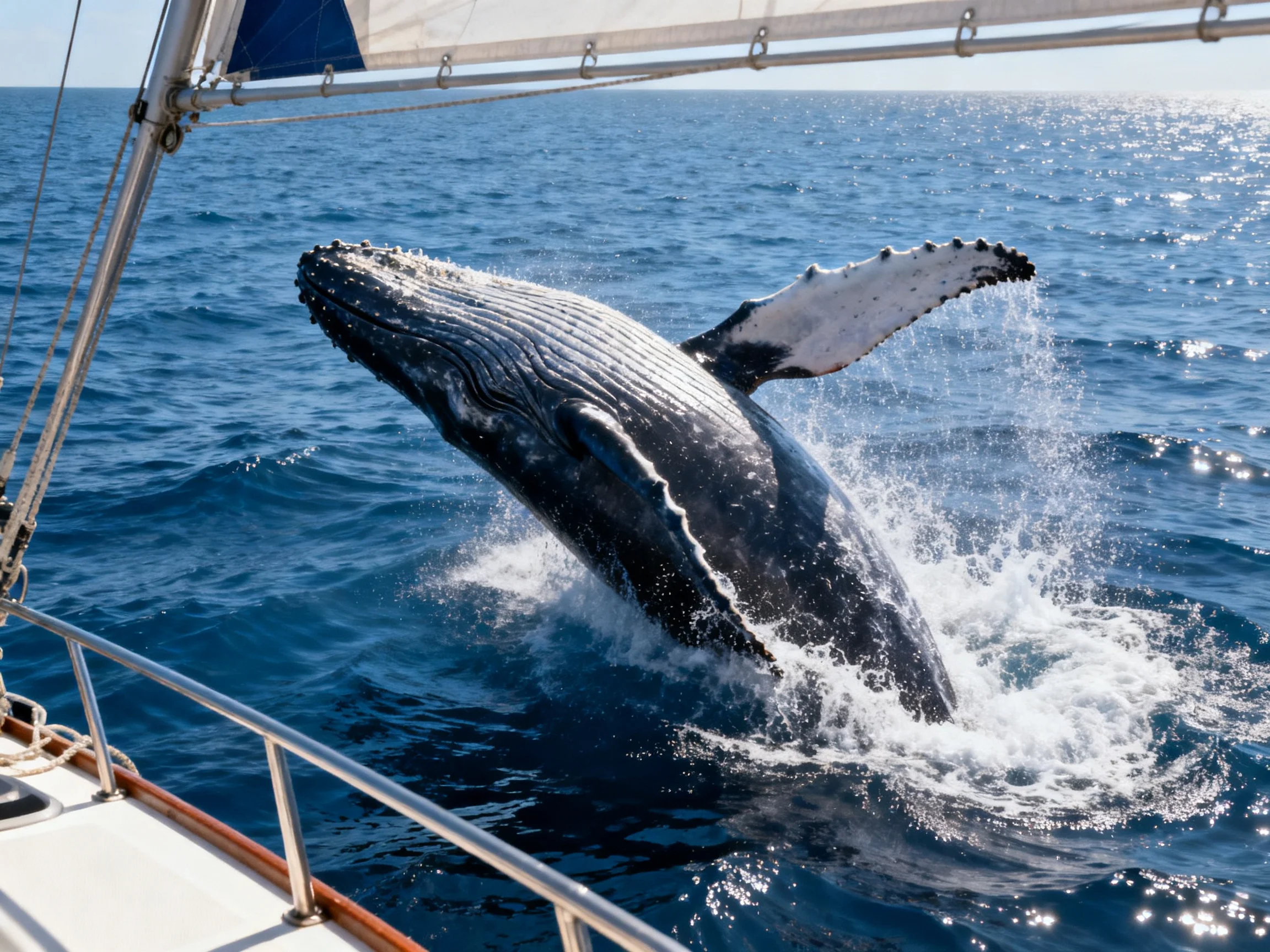 Humpback whale breaching beside a sailboat in deep blue waters