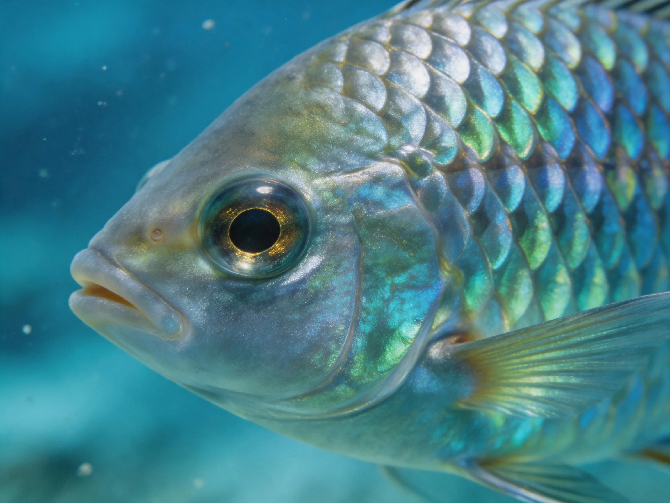 Iridescent Blue-Green Fish with Shiny Scales Under Water