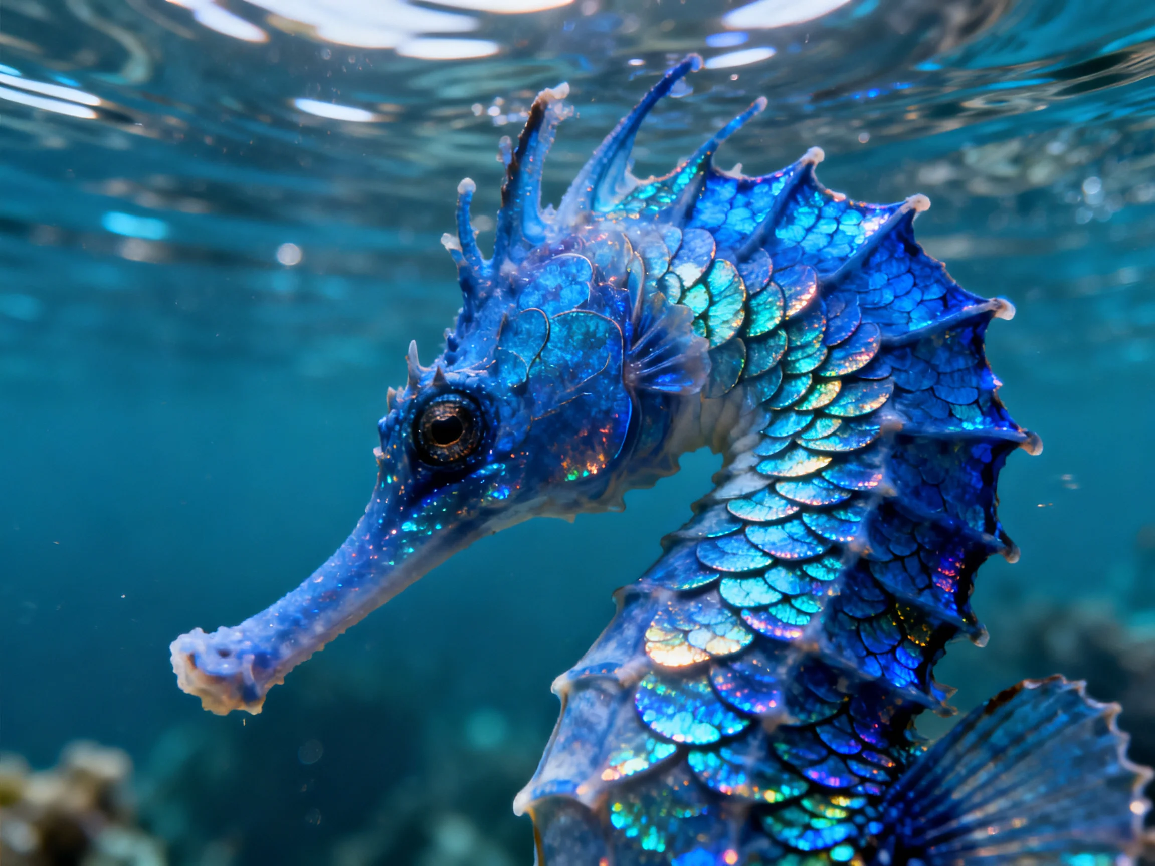 Iridescent blue seahorse with shimmering scales swimming underwater