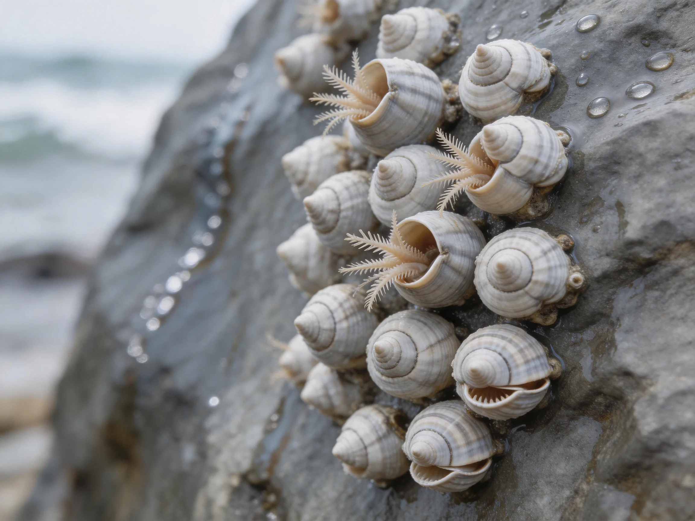 Many striped snails cluster on a wet coastal rock