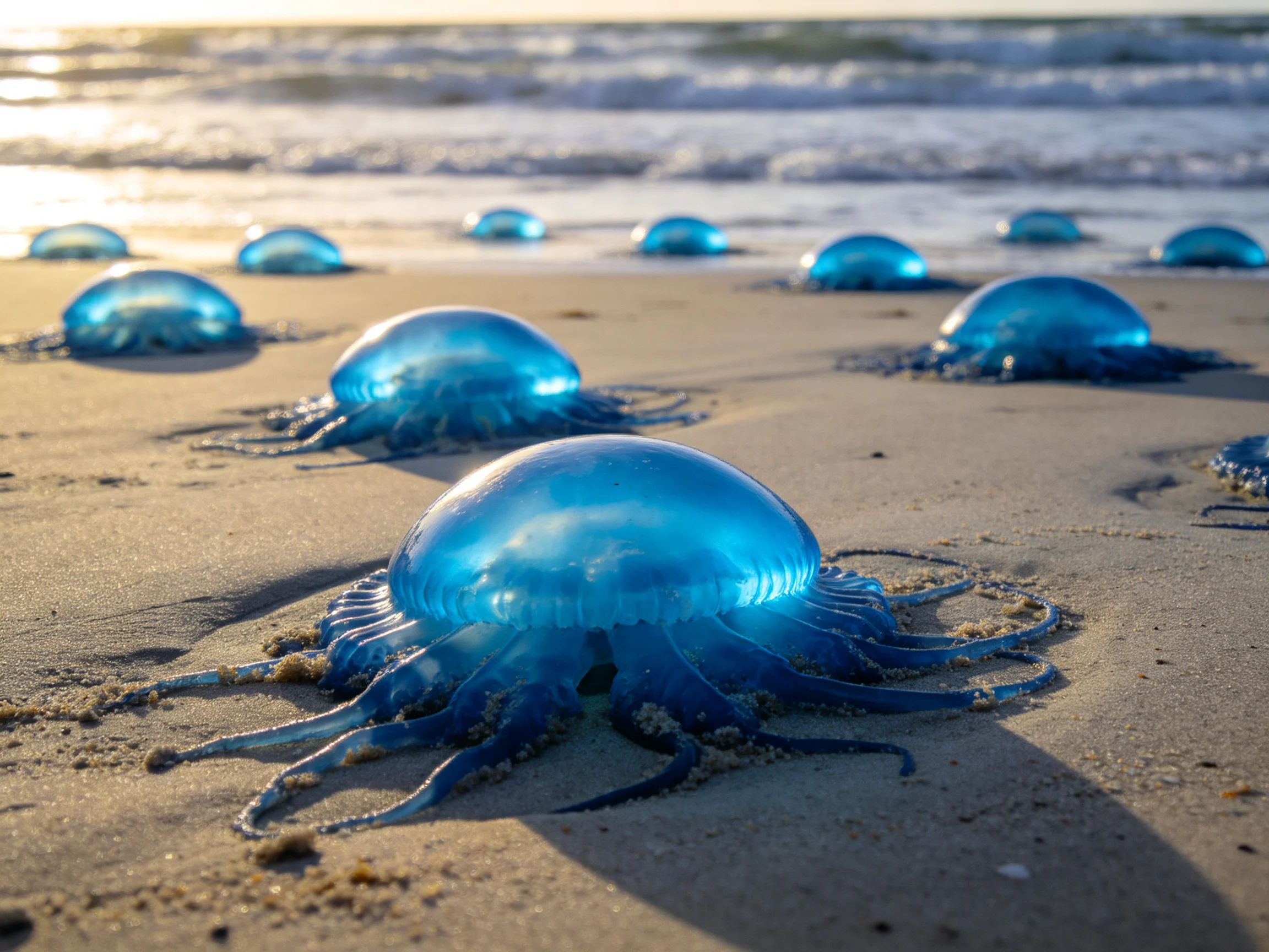 Multiple bright blue jellyfish scattered across a sandy beach near ocean waves