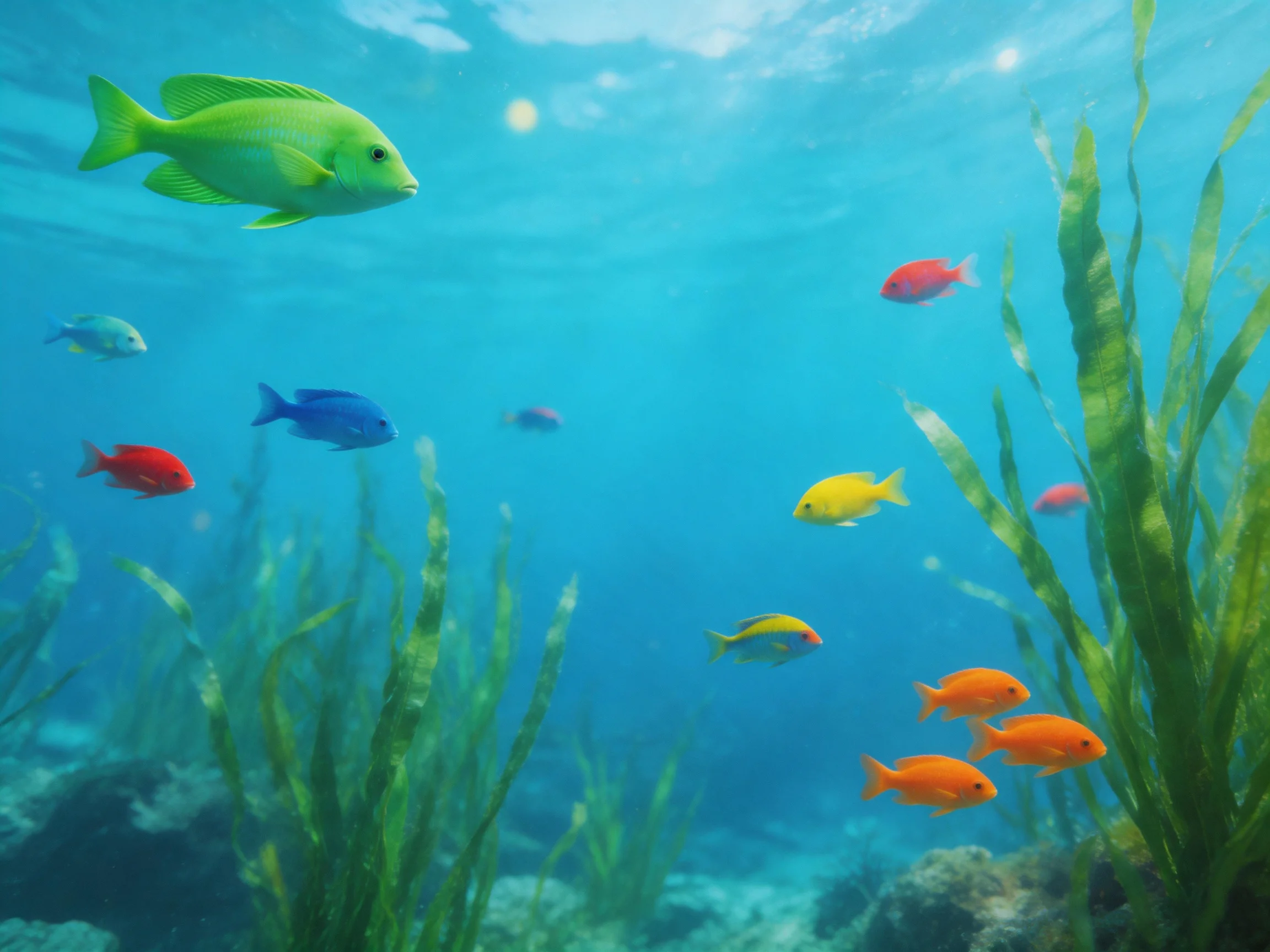 Multiple colorful tropical fish swim among lush seaweed and coral