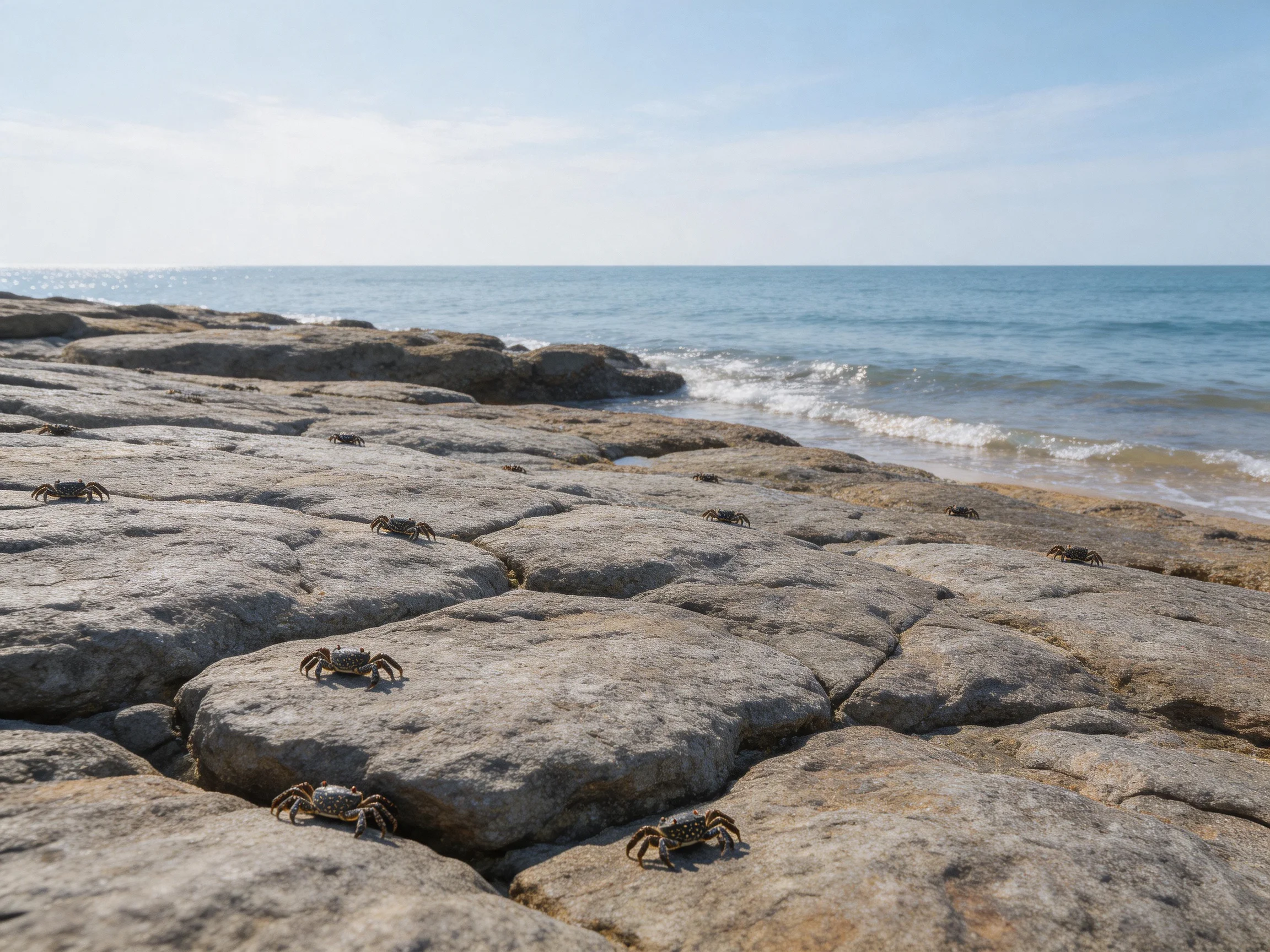 Multiple crabs traverse large gray rocks near the calm blue ocean