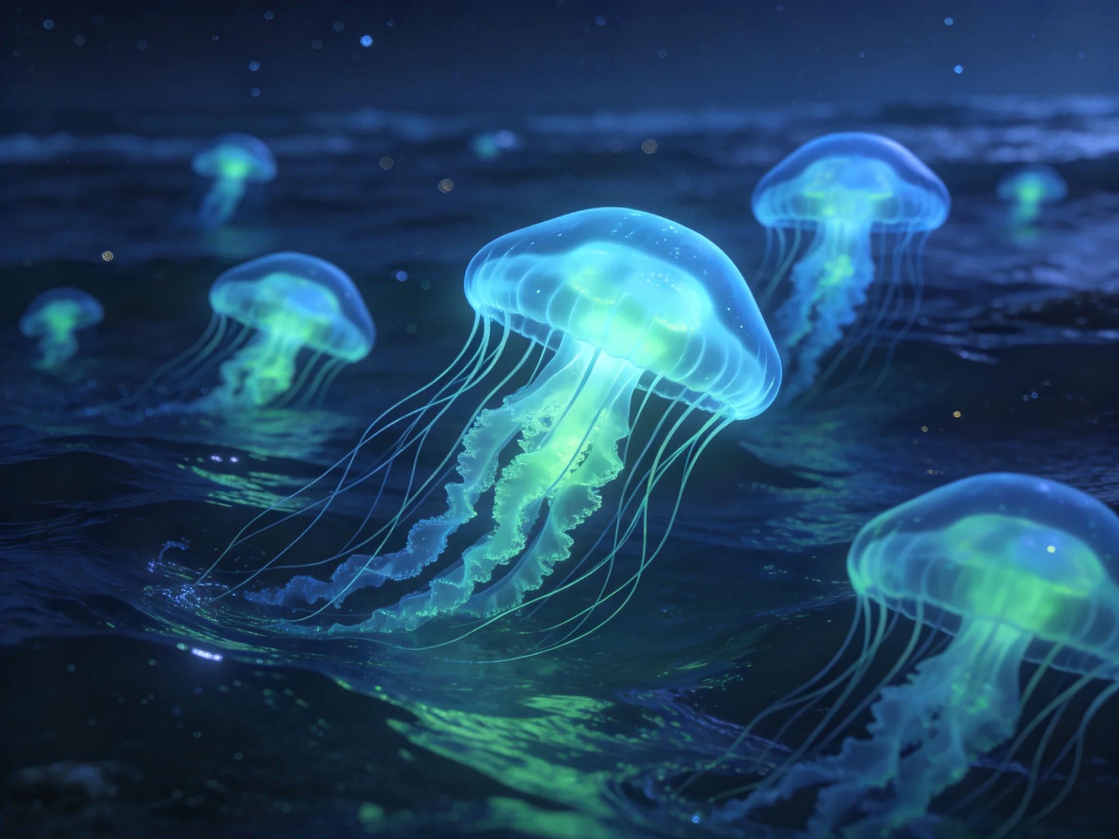 Multiple glowing blue-green jellyfish swim in dark ocean waters