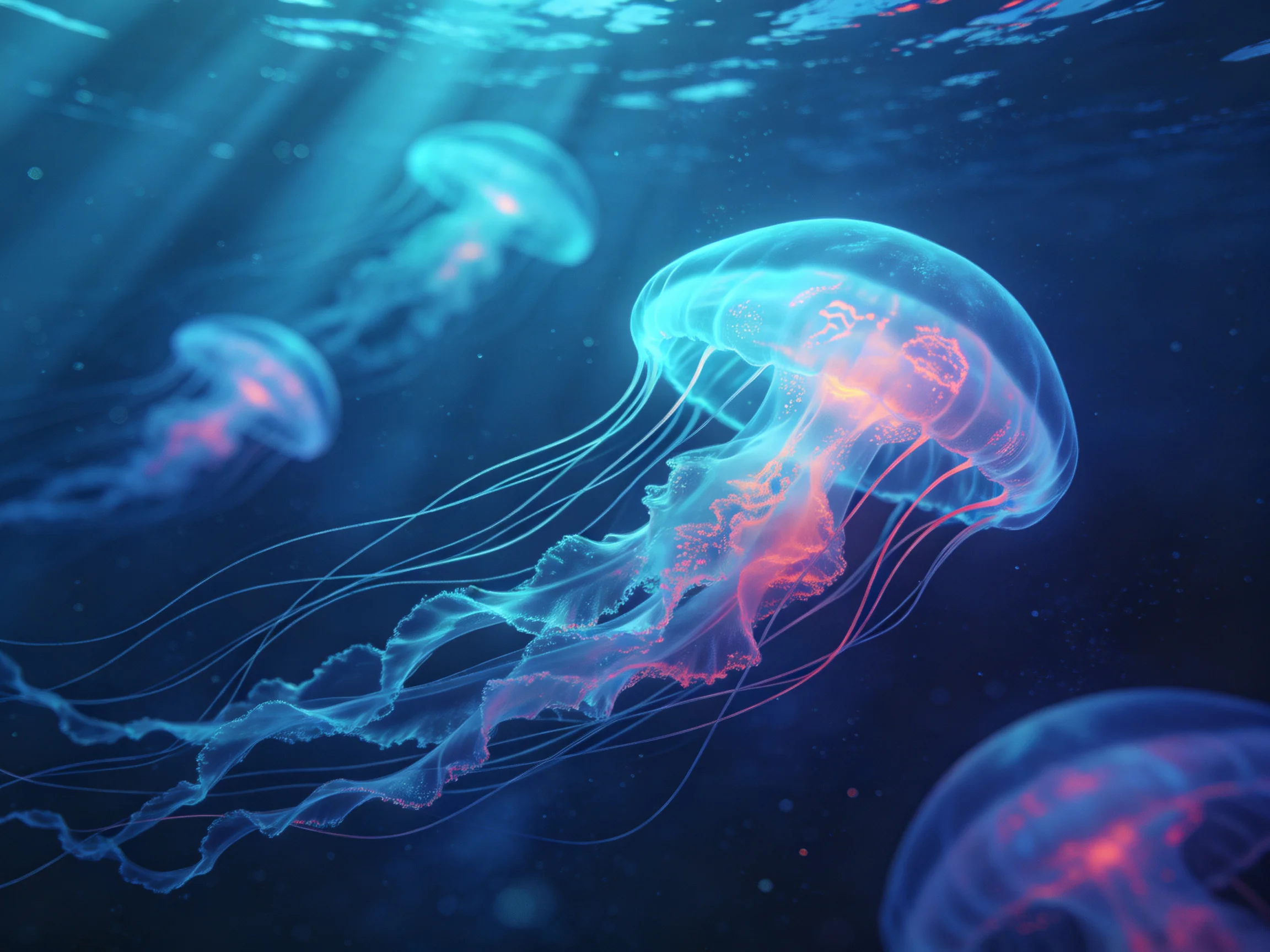 Multiple glowing blue jellyfish swim in a softly lit underwater scene