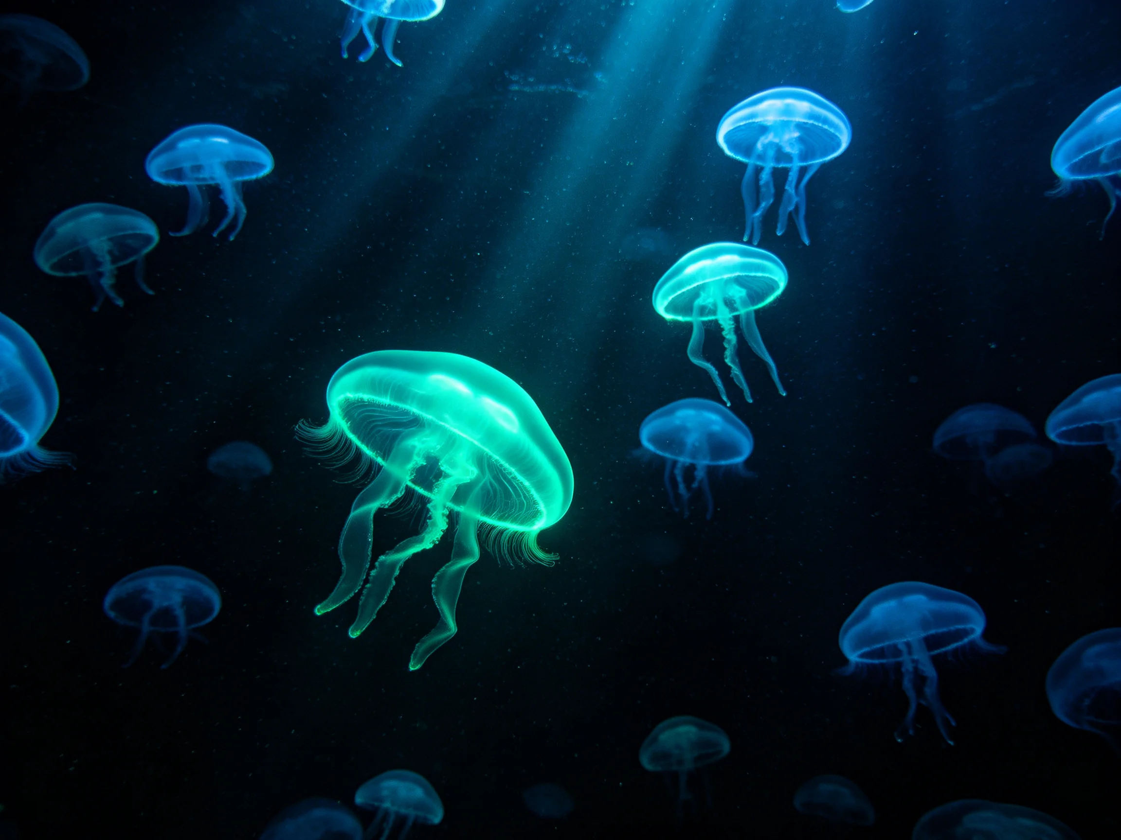 Multiple glowing jellyfish swim in dark blue ocean waters with light beams