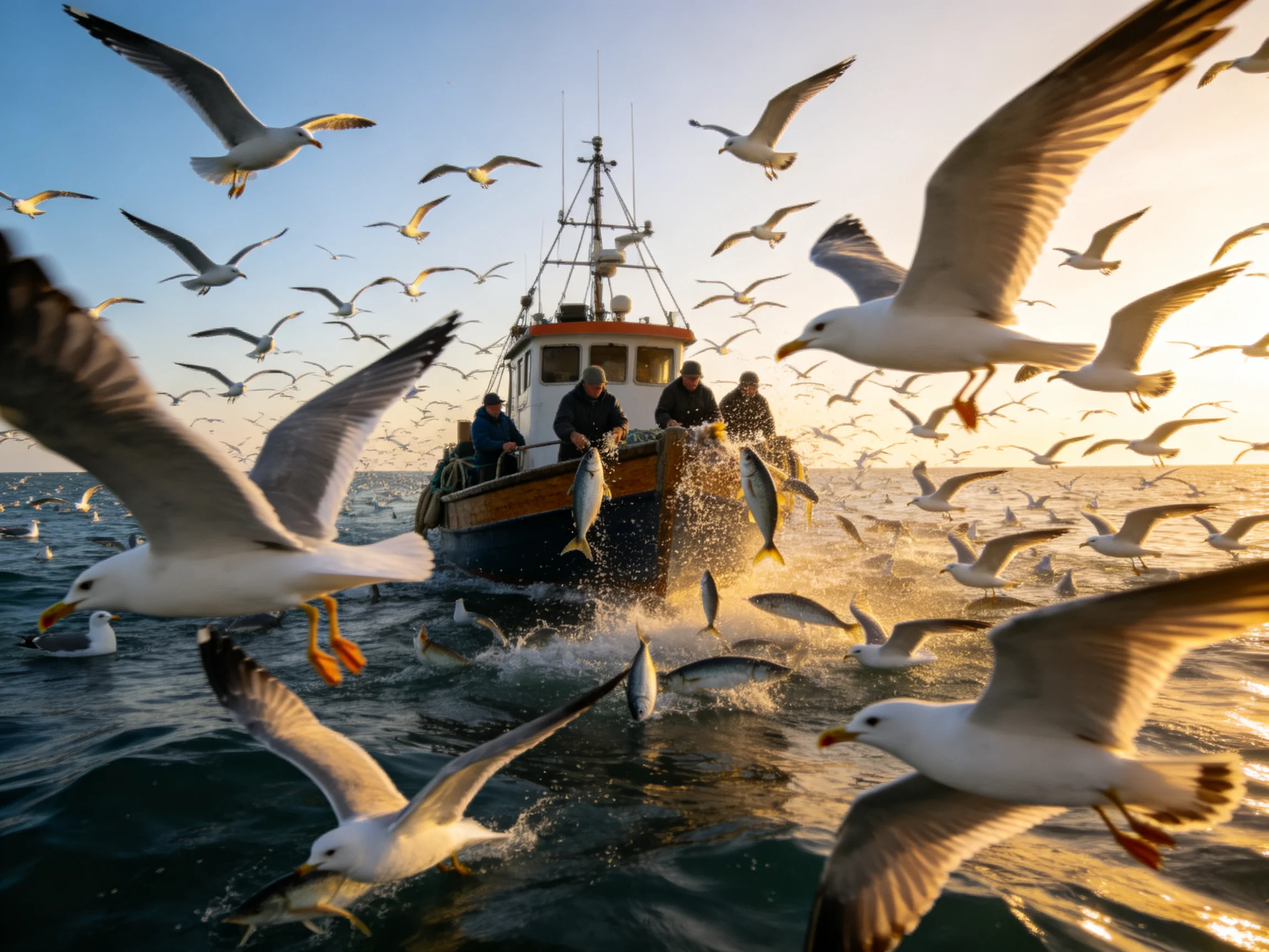 Numerous seagulls swarm a fishing boat with golden fish