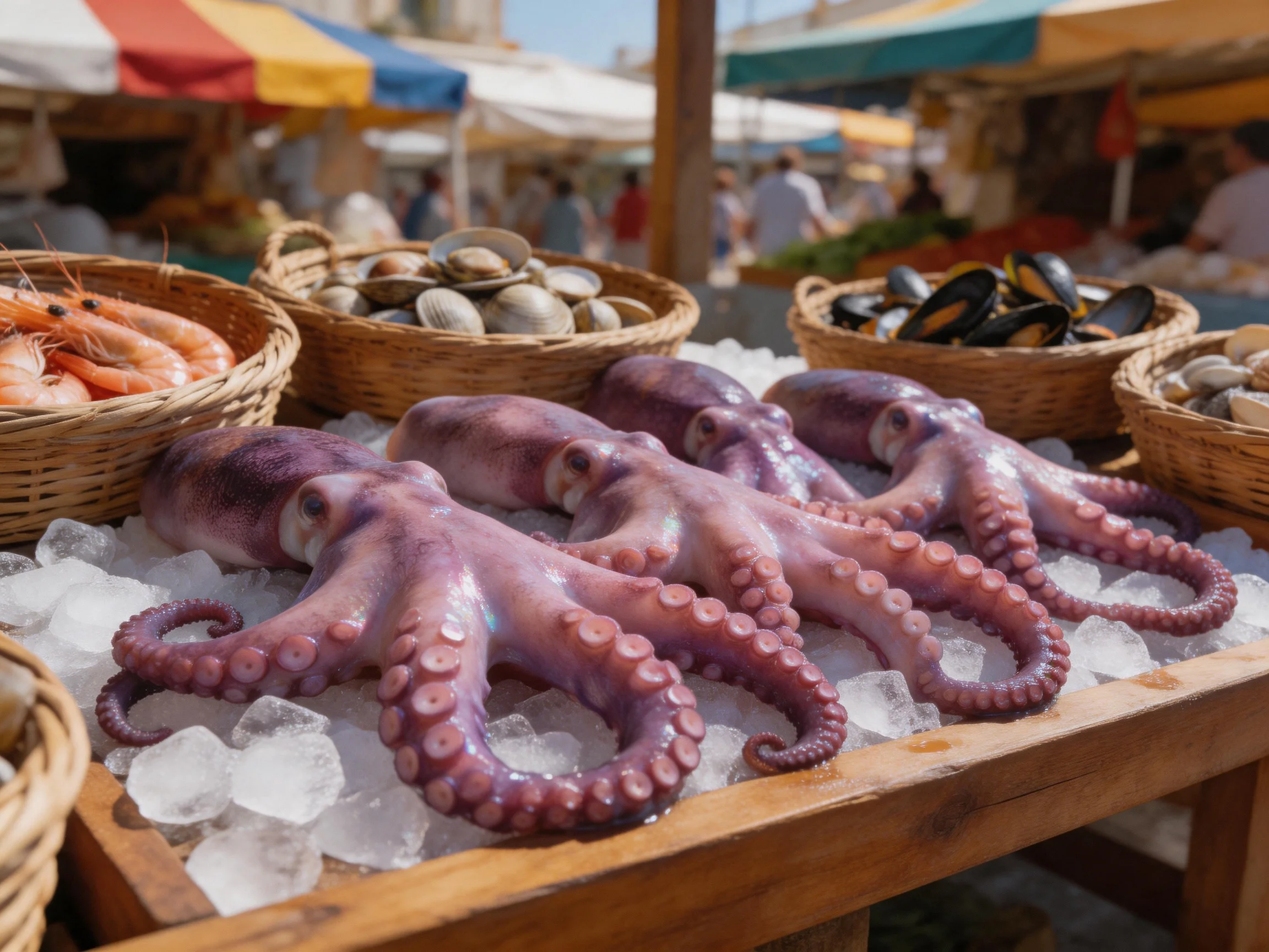 Outdoor market stall with purple octopus, pink shrimp, and assorted shellfish