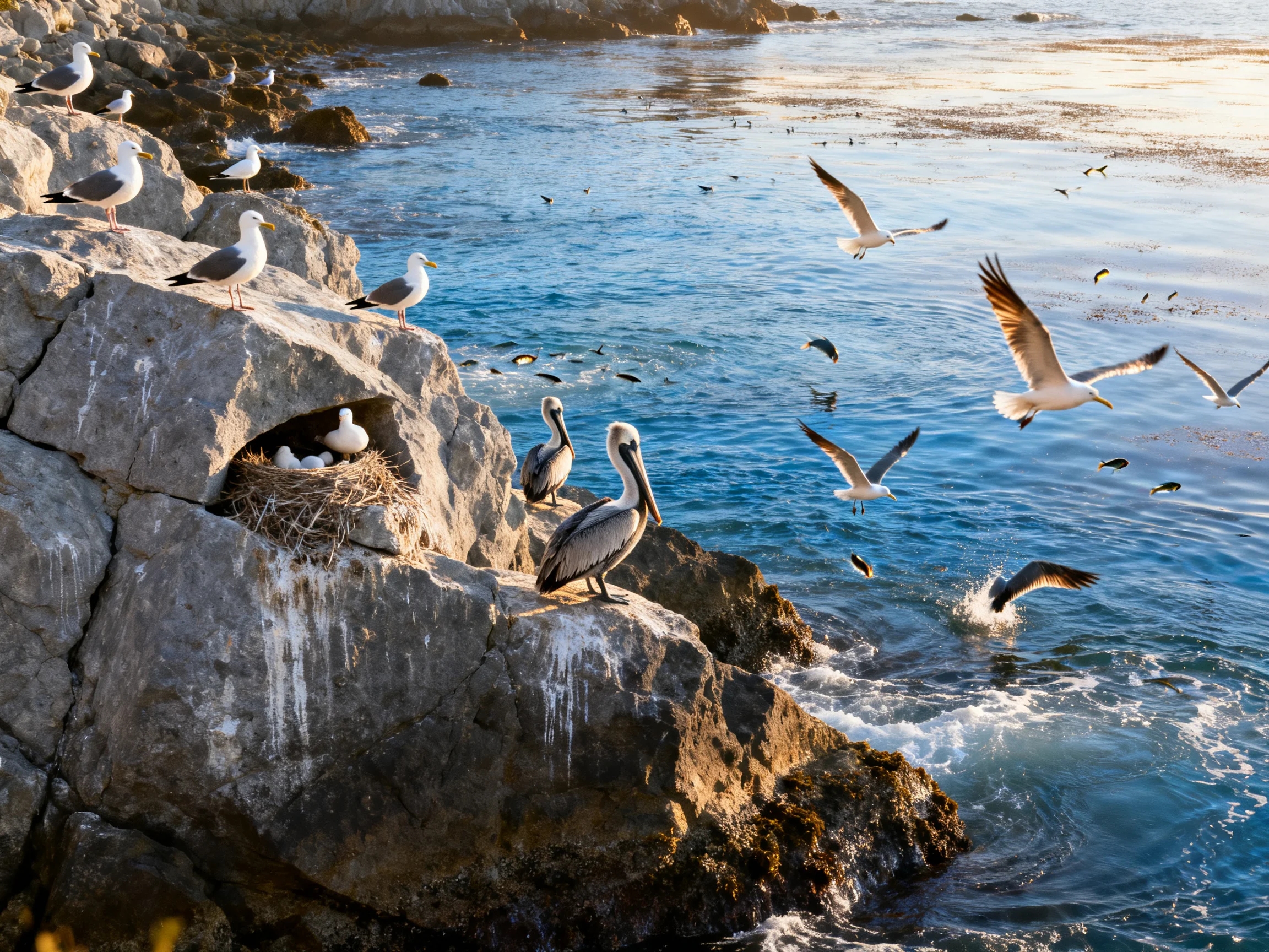 Pelicans and seagulls on weathered gray coastal rocks by blue waters