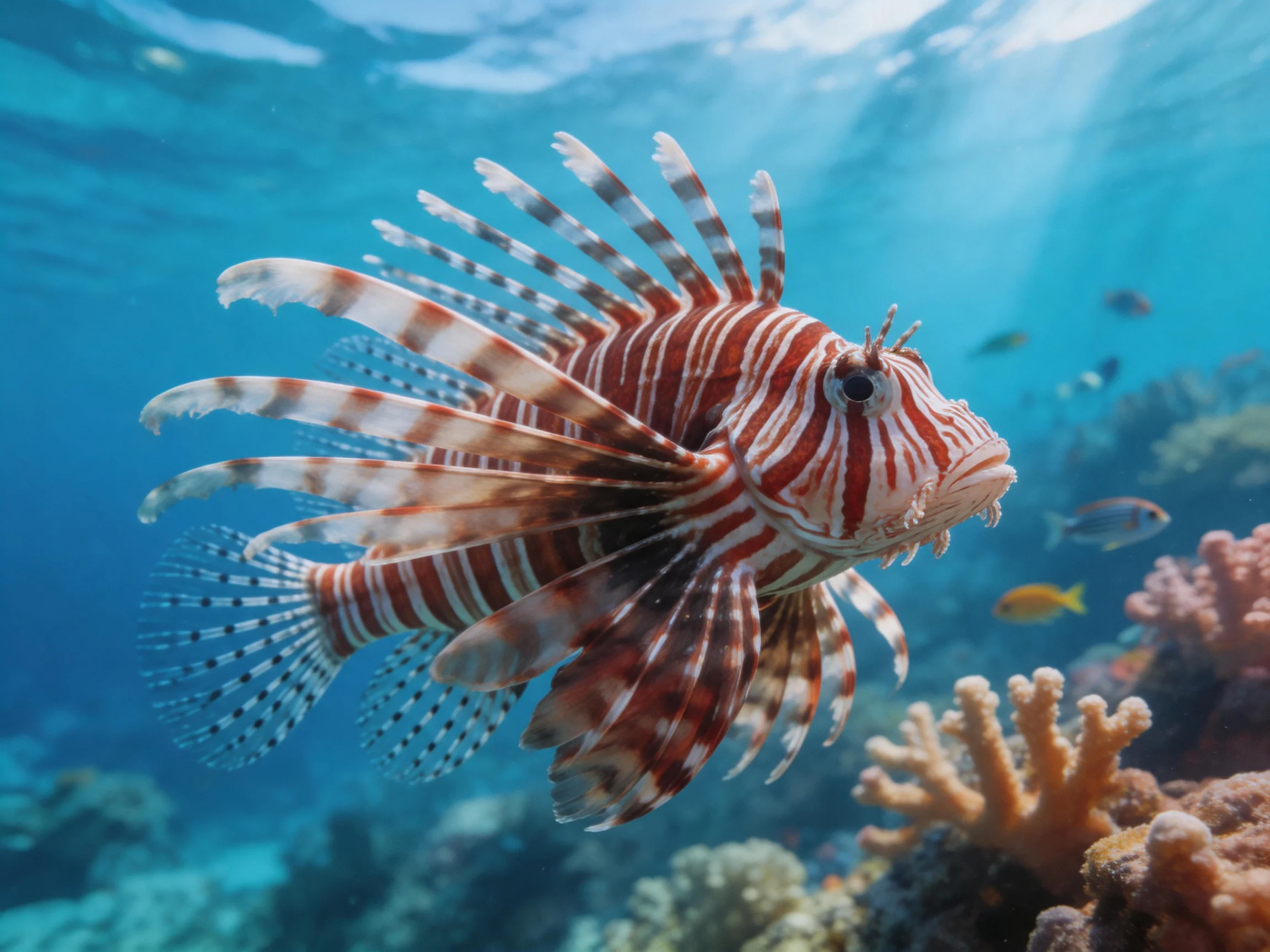 Red and white lionfish swims near coral reefs in clear blue water