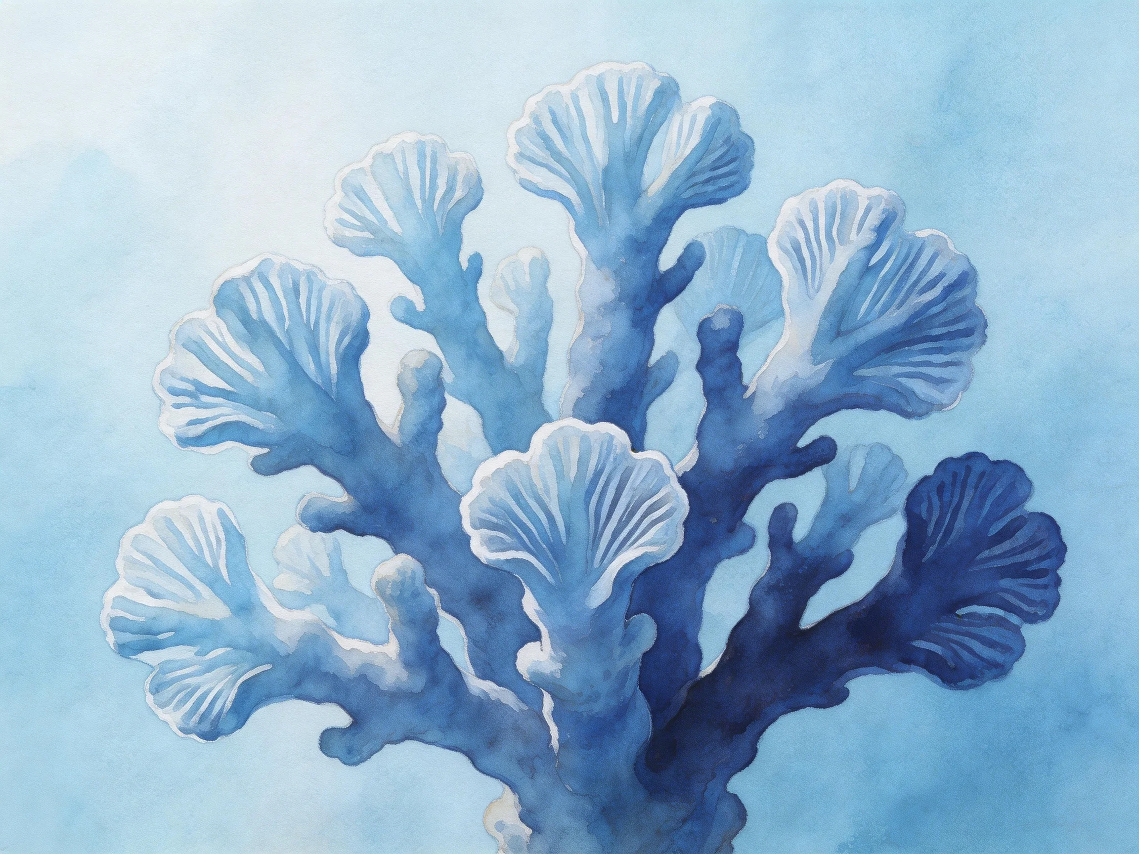 Rich blue watercolor coral with layered fan formations