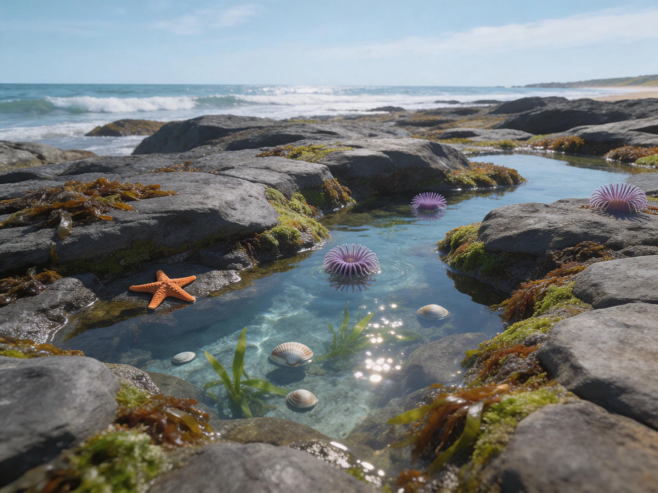 Rocky tide pool with orange starfish, purple anemones, and seashells by the ocean
