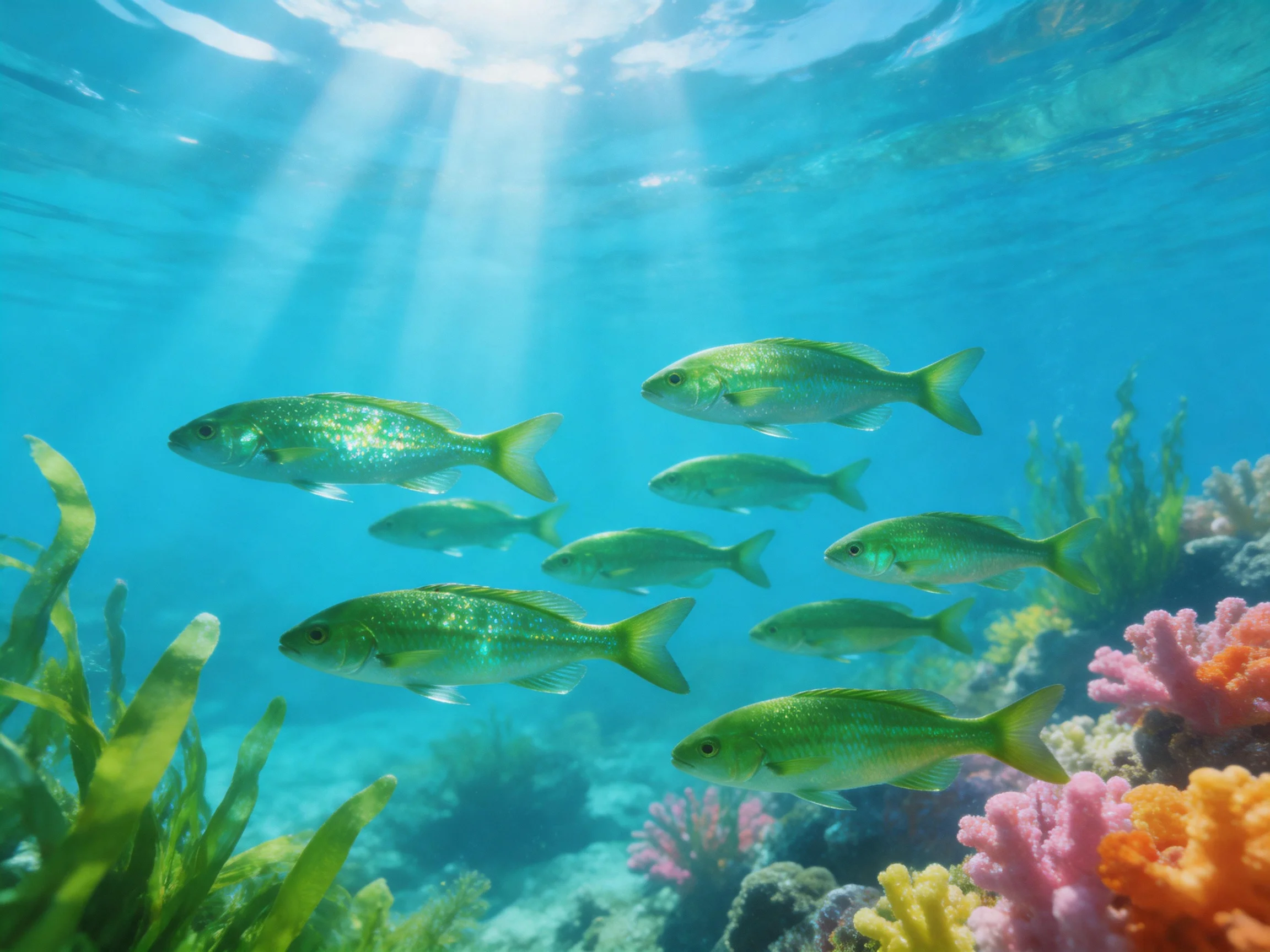 School of greenish-yellow fish swims near colorful coral reefs in clear blue water