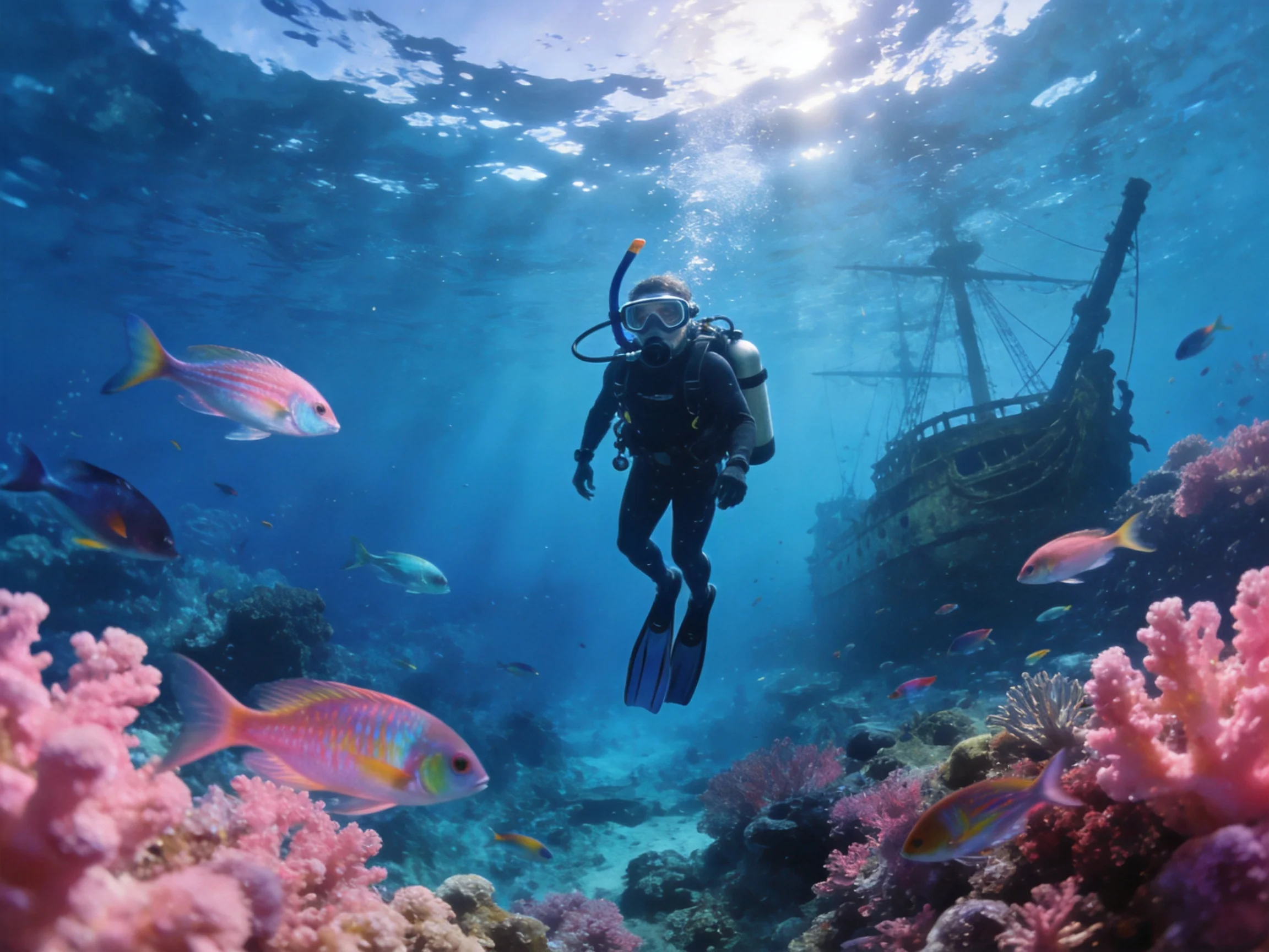 Scuba Diver Exploring Vibrant Coral Reef Near Sunken Ship