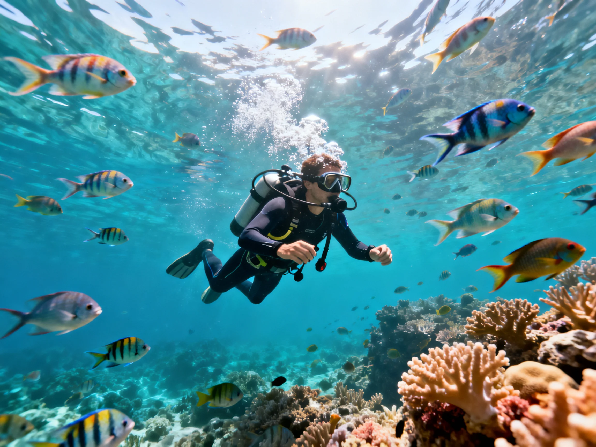 Scuba diver exploring a vibrant coral reef with colorful tropical fish