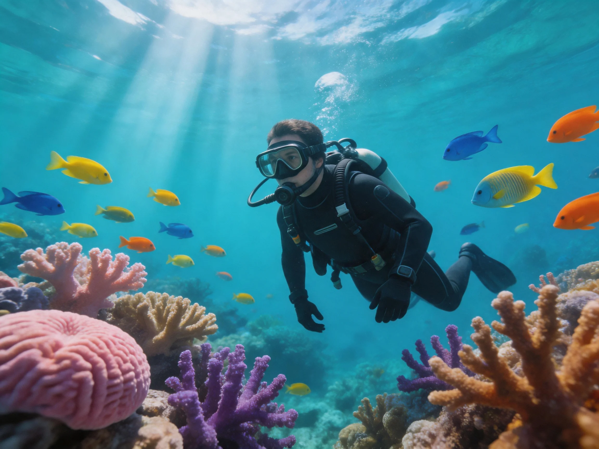 Scuba diver exploring vibrant coral reef with colorful fish
