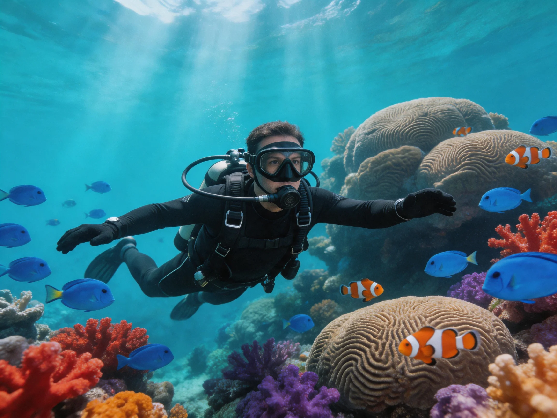 Scuba diver exploring vibrant coral reef with colorful fish