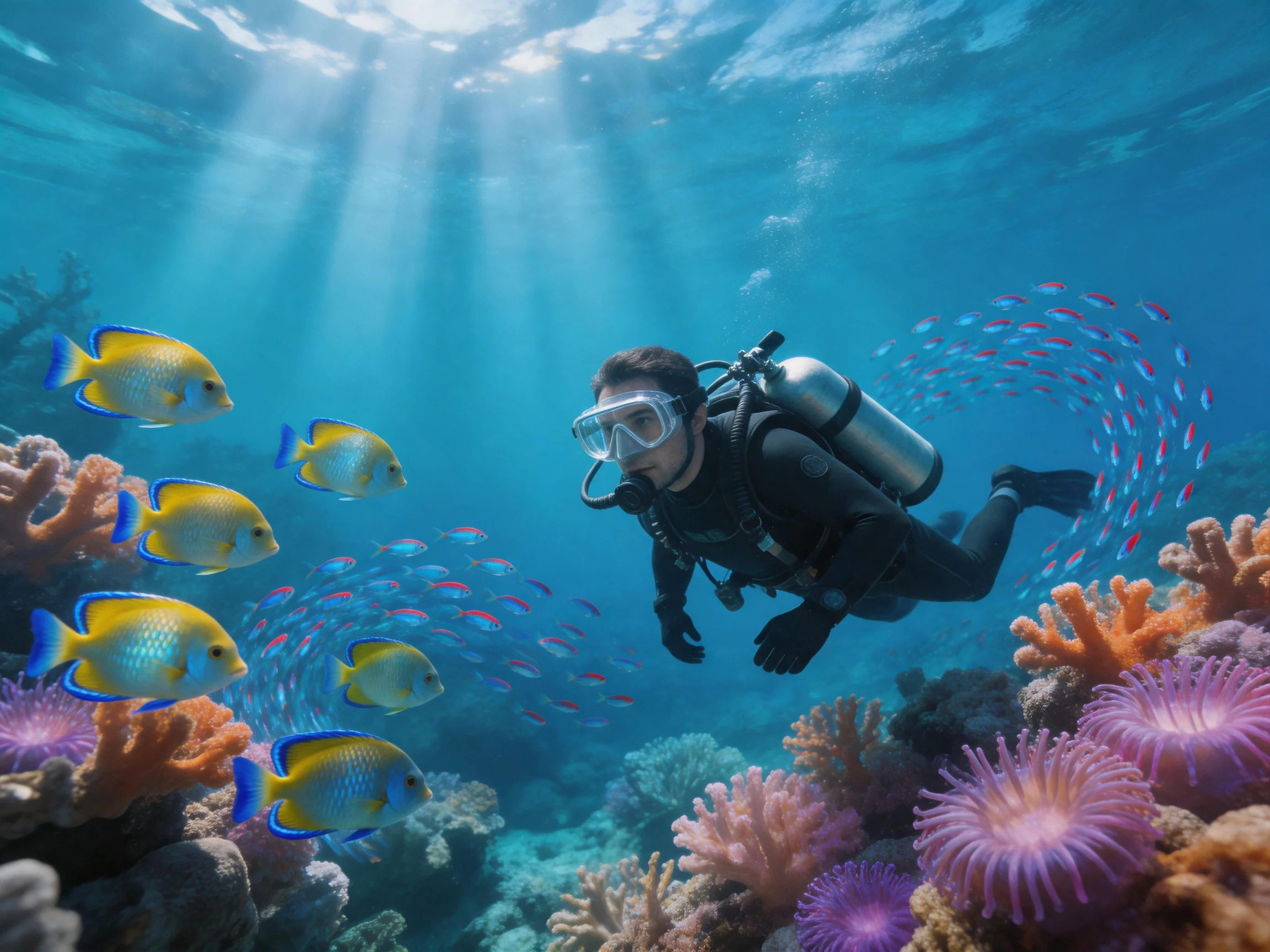 Scuba diver exploring vibrant coral reef with colorful fish