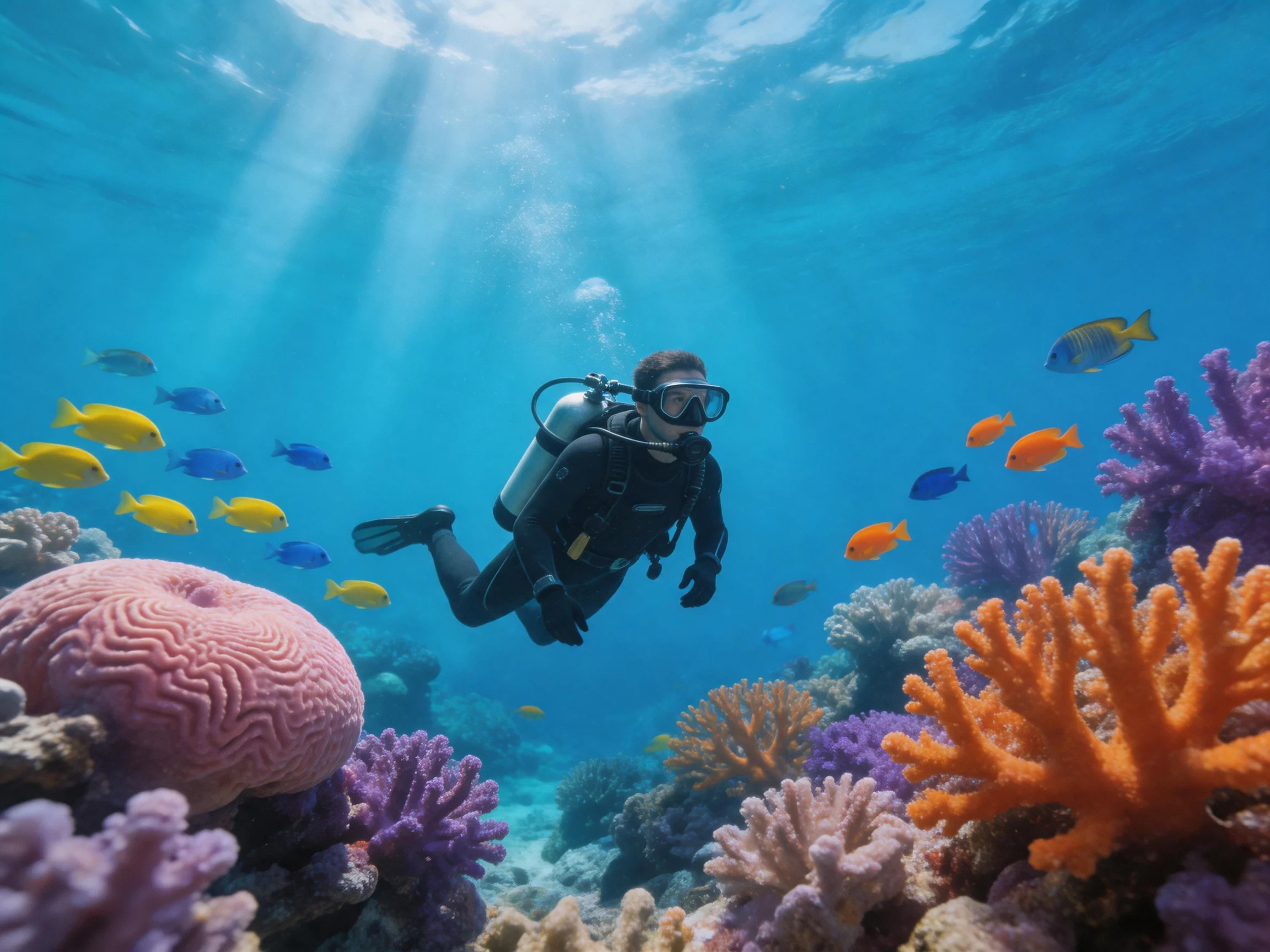 Scuba diver exploring vibrant coral reef with colorful tropical fish