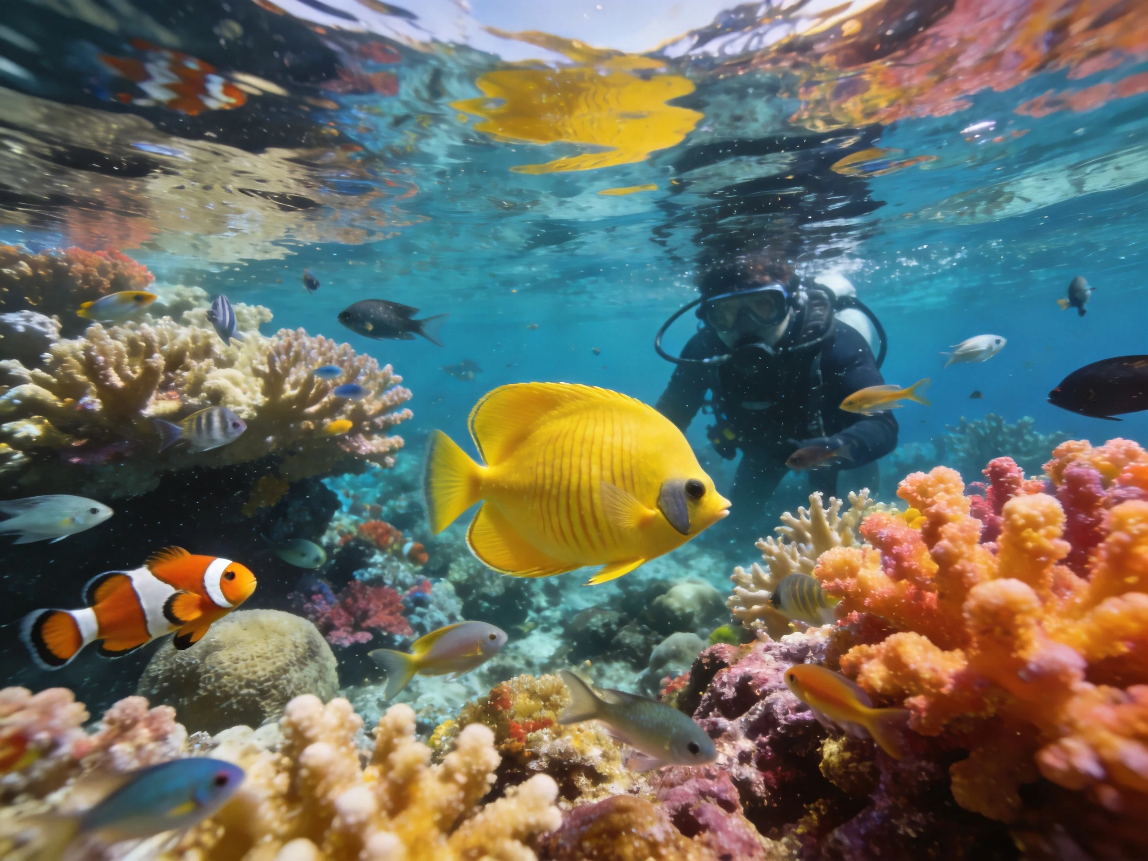 Scuba diver exploring vibrant coral reef with colorful tropical fish